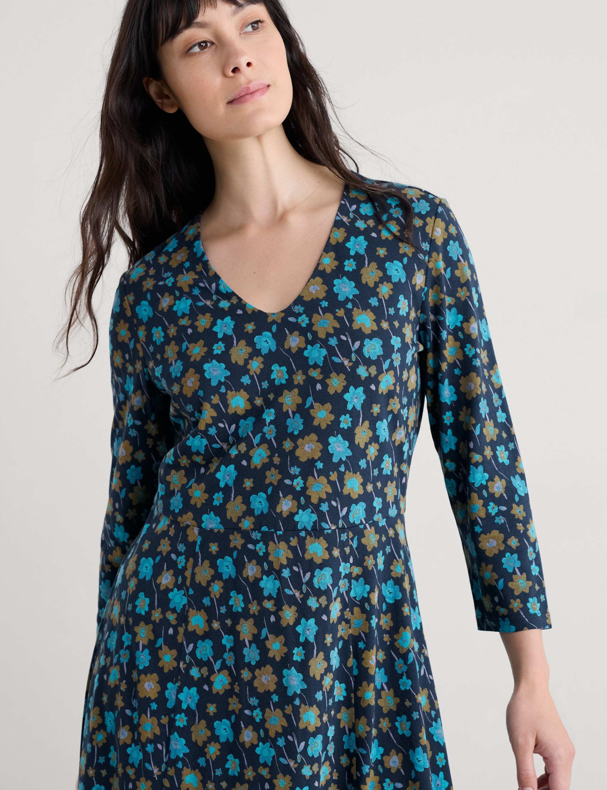 Cotton Modal Floral V-Neck Midi Waisted Dress 5 of 6