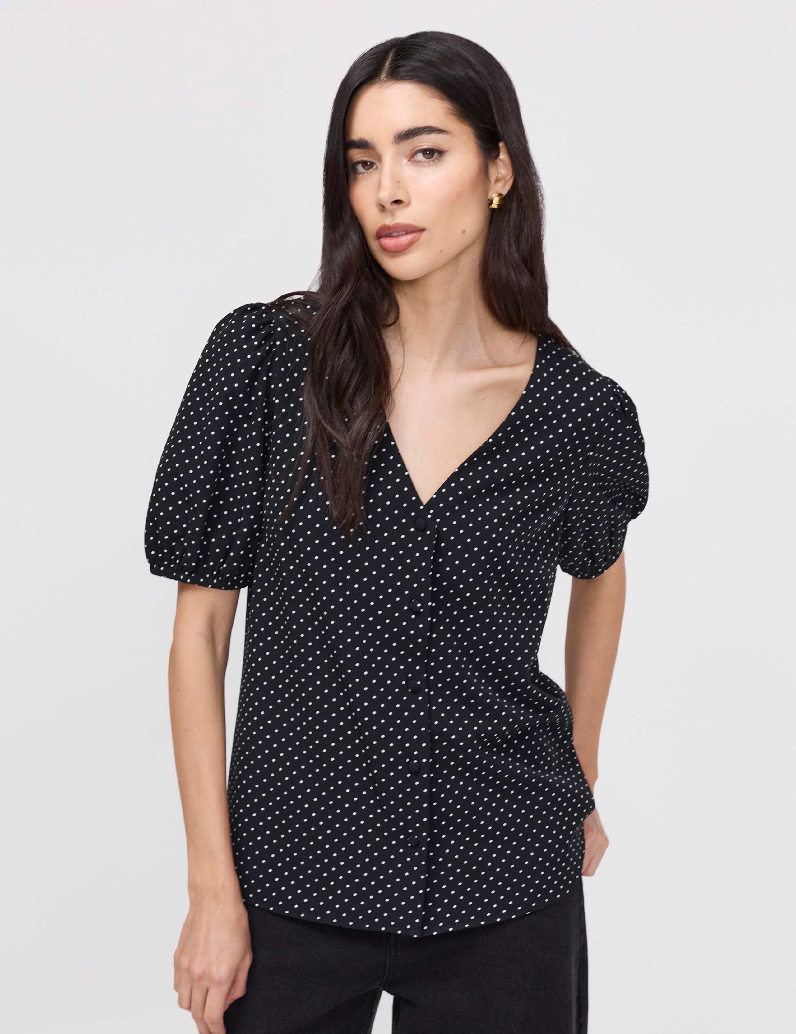 Polka Dot Short Sleeve Button Through Top 1 of 8