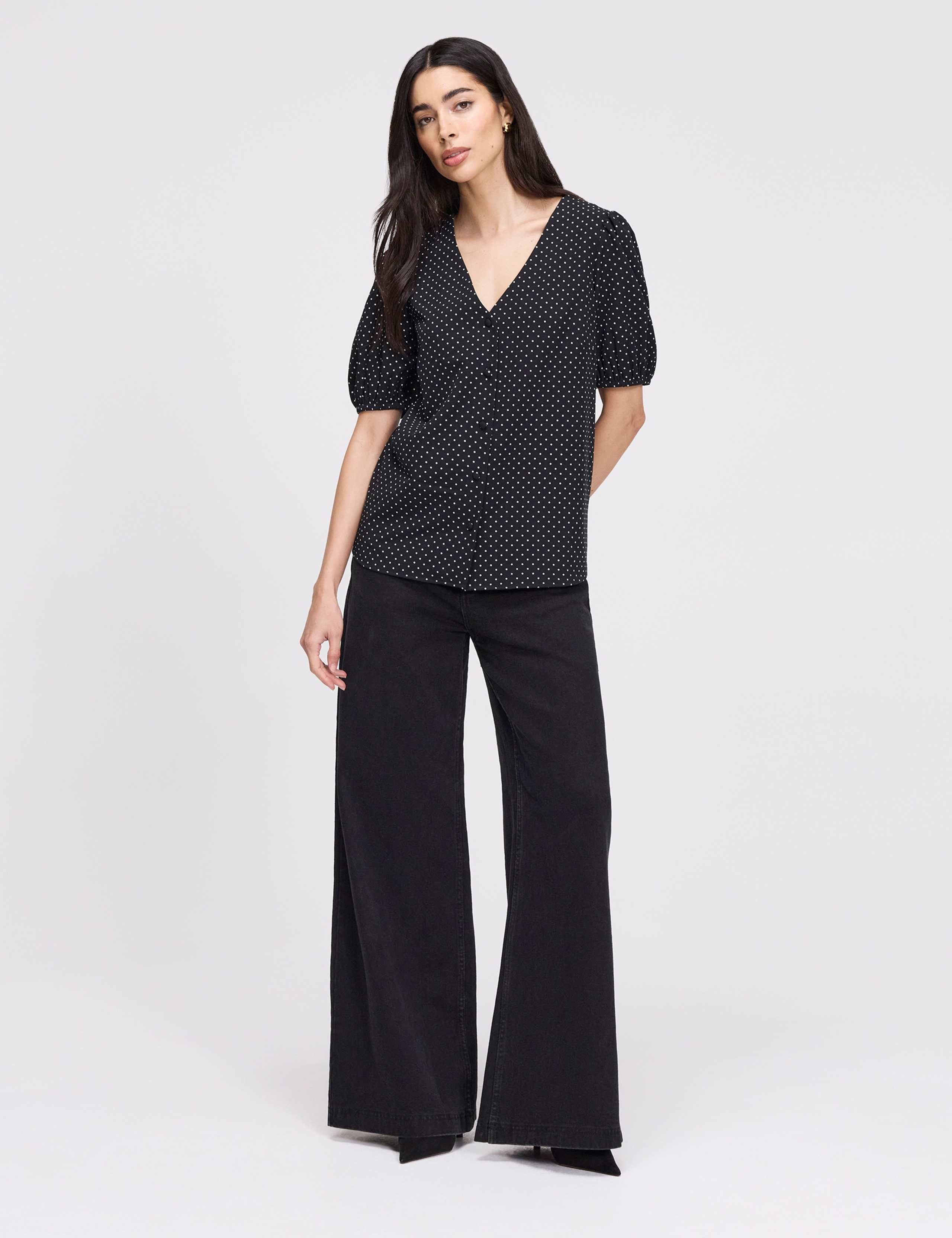 Polka Dot Short Sleeve Button Through Top 2 of 8
