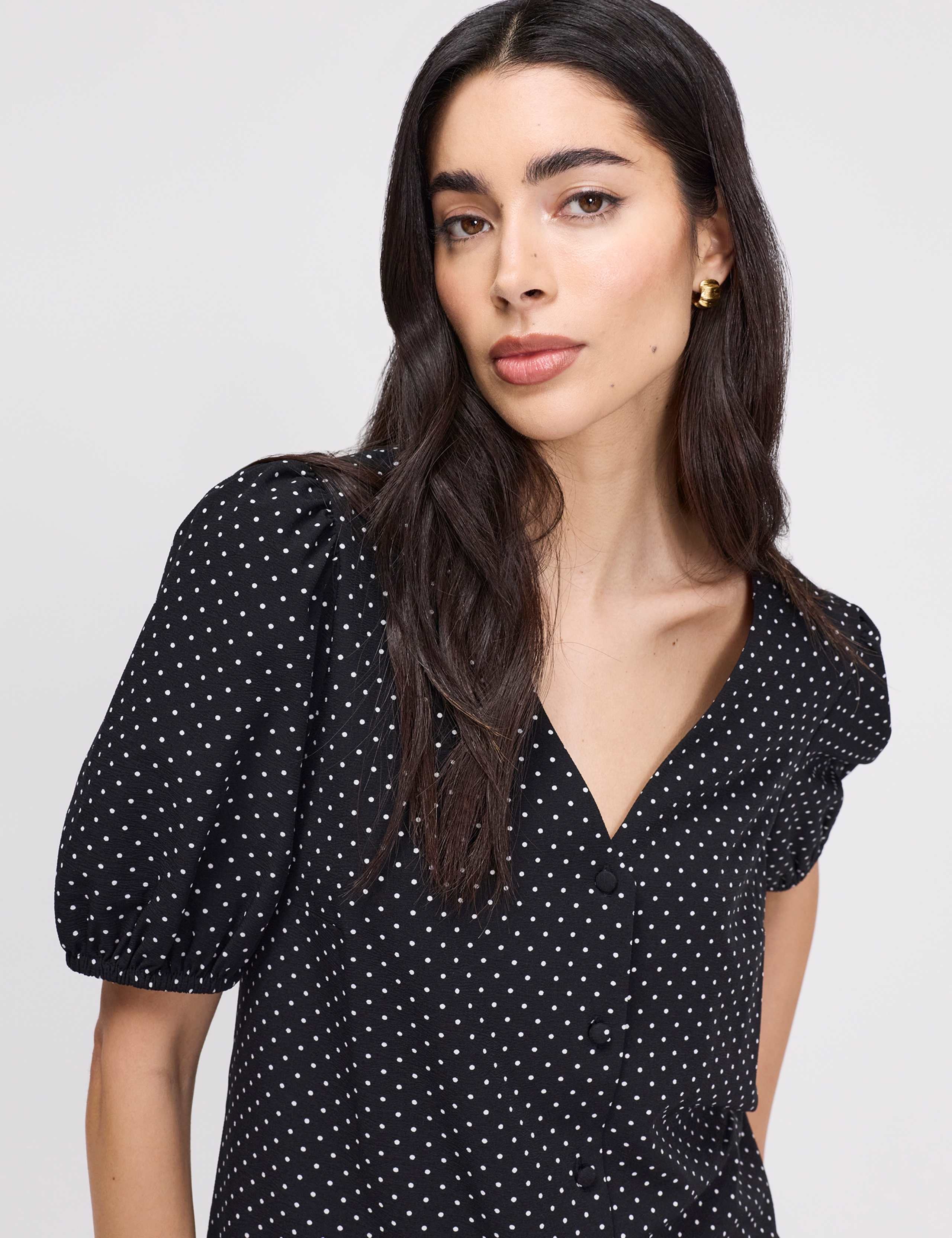 Polka Dot Short Sleeve Button Through Top 4 of 8