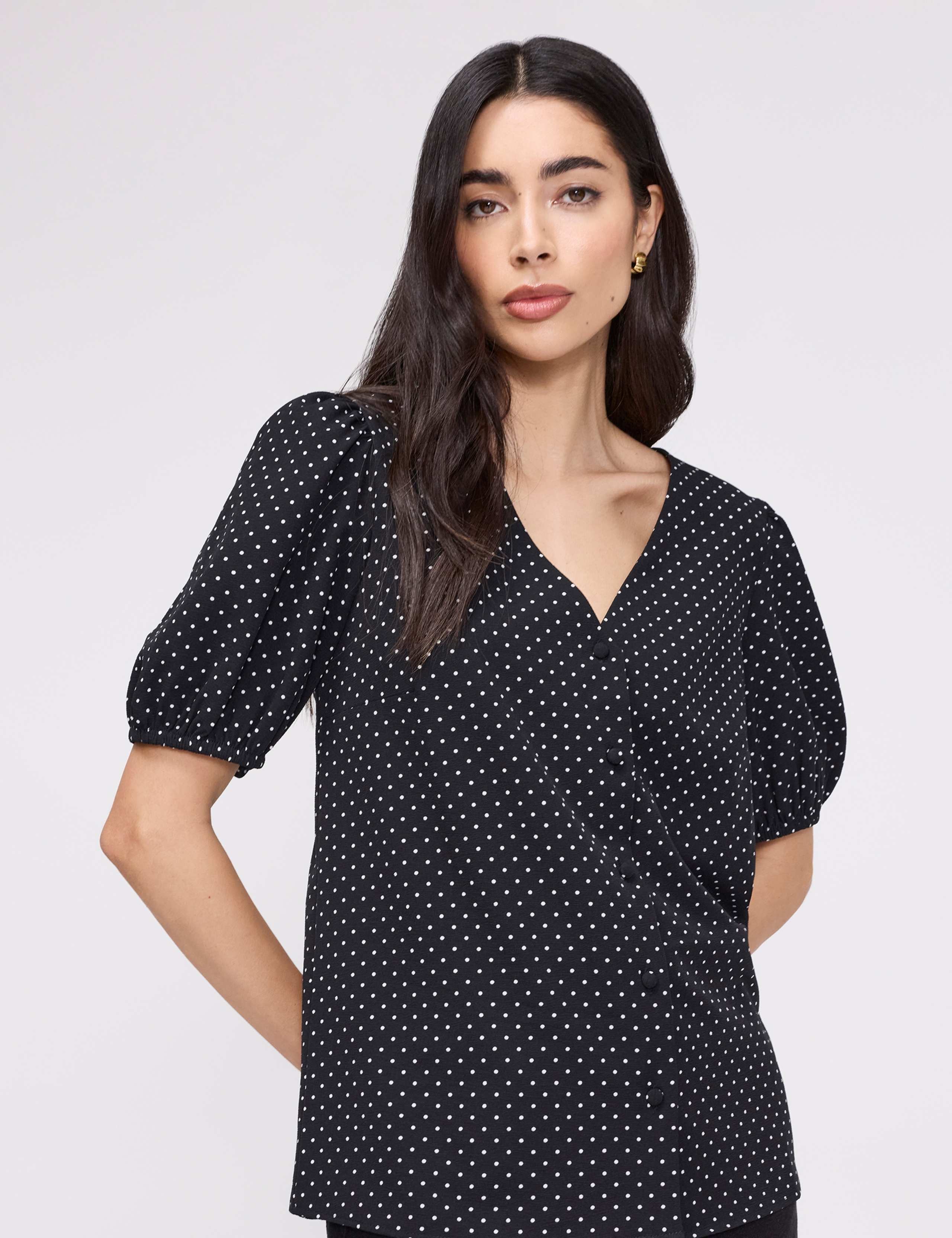 Polka Dot Short Sleeve Button Through Top 5 of 8