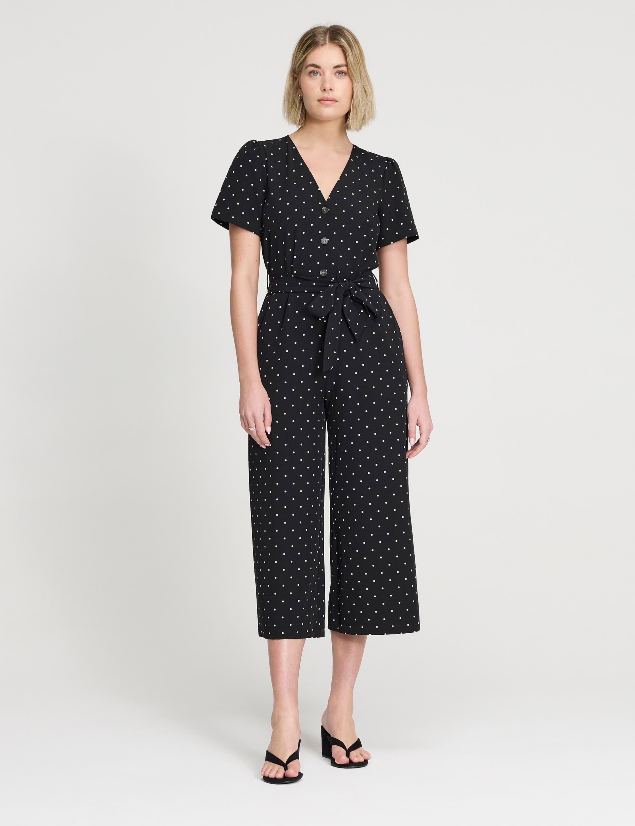 Polka Dot Belted Cropped Wide Leg Jumpsuit 2 of 5