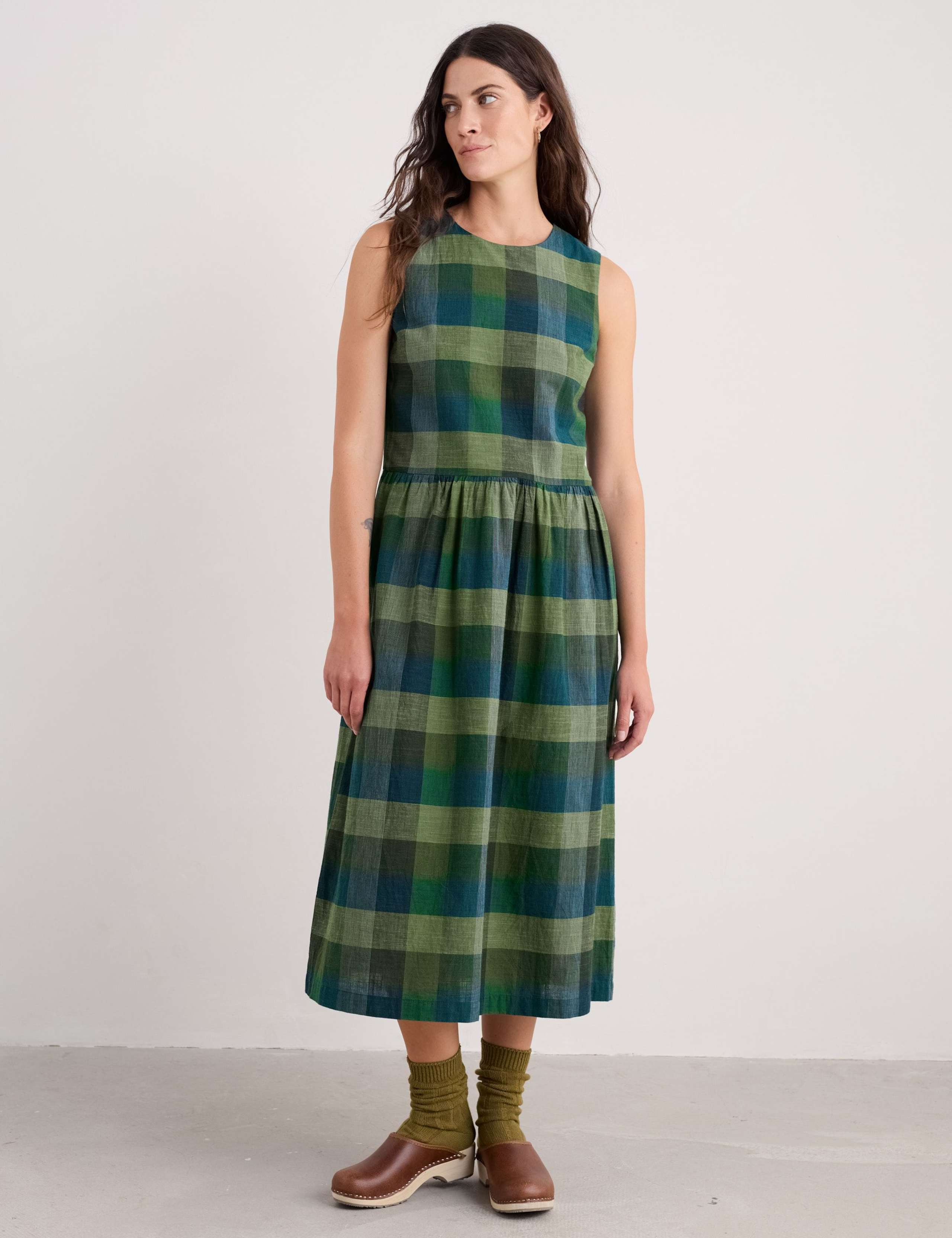 Cotton Checked Round Neck Midaxi Dress 3 of 5
