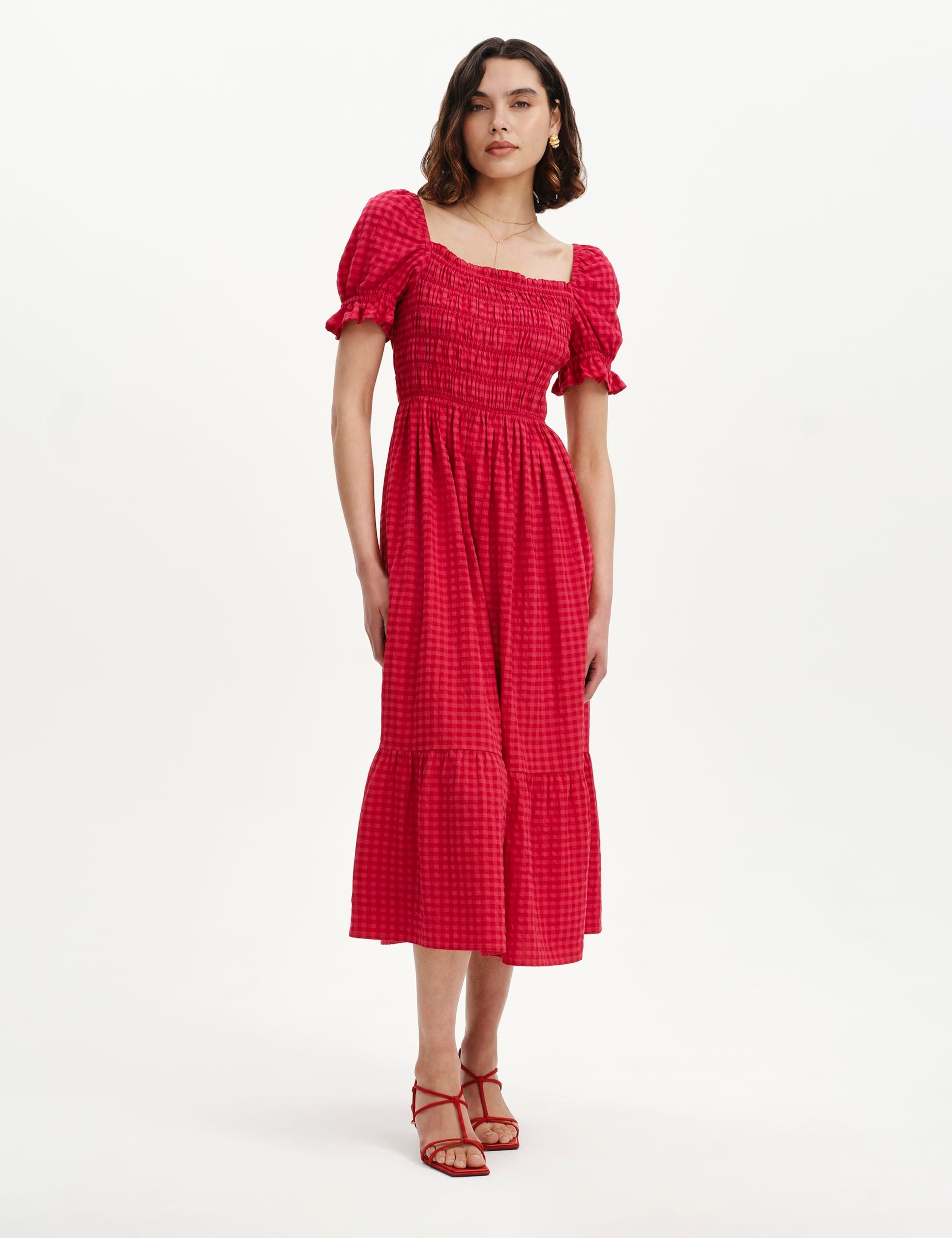 Cotton Blend Gingham Square Neck Midi Dress 1 of 6