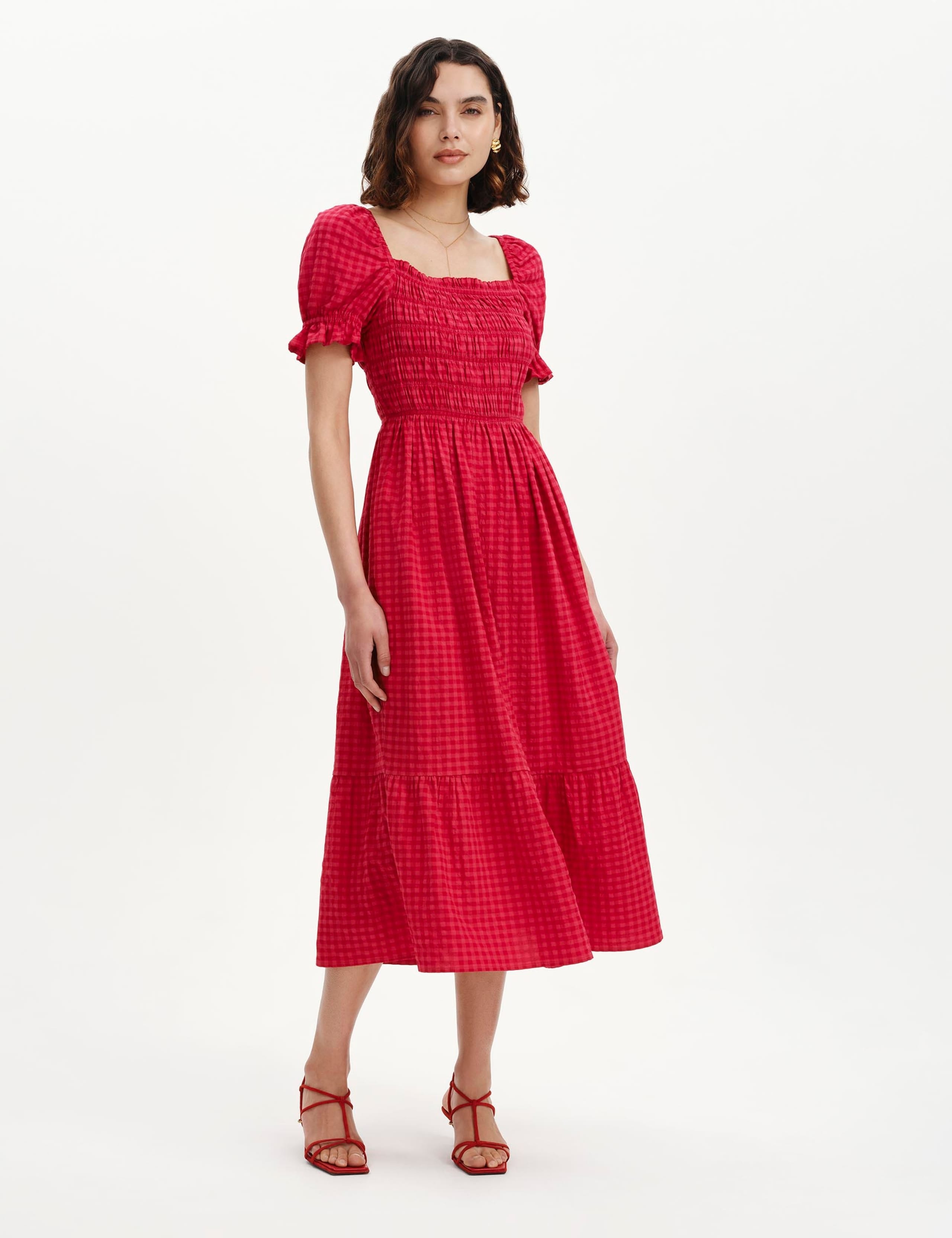 Cotton Blend Gingham Square Neck Midi Dress 2 of 6