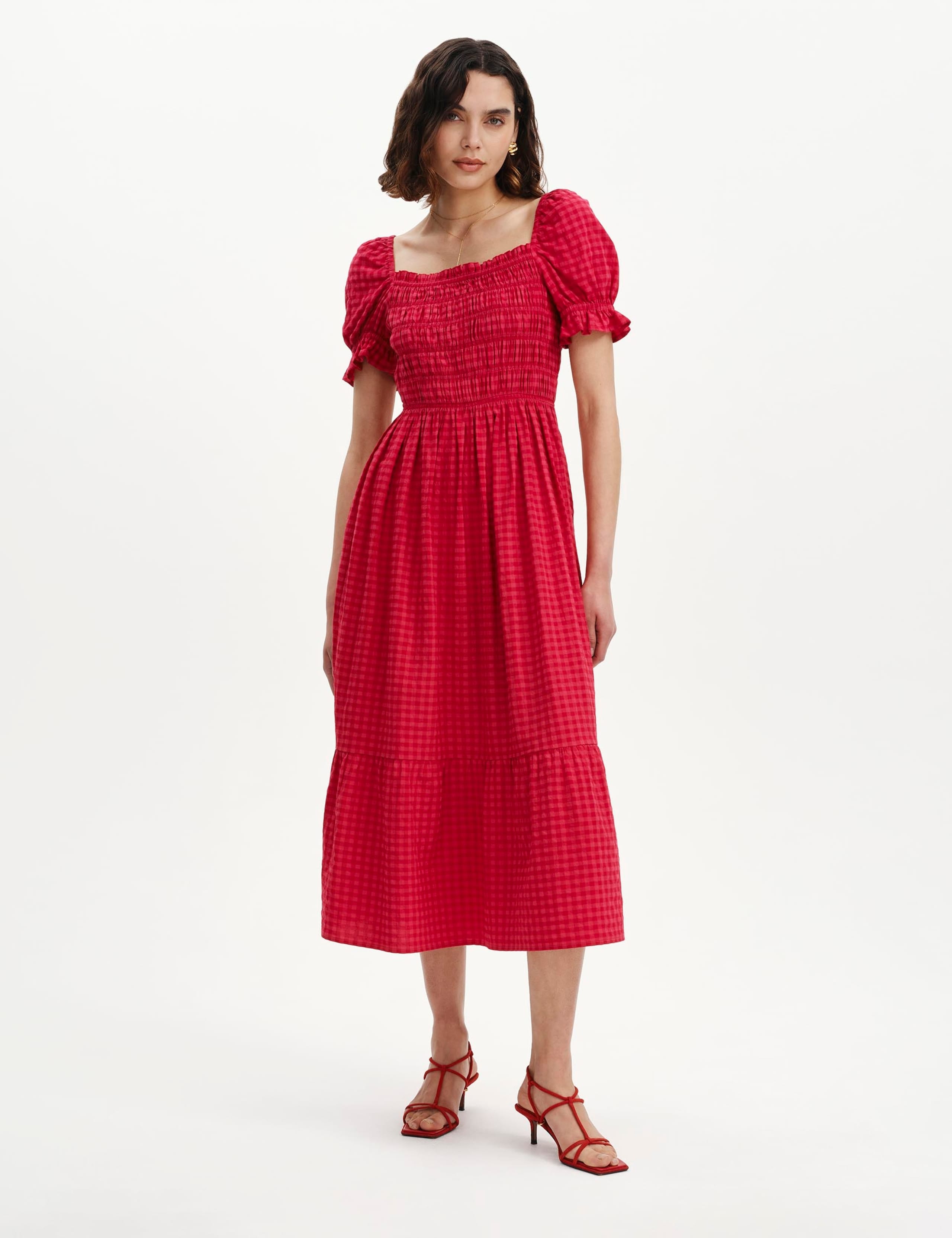 Cotton Blend Gingham Square Neck Midi Dress 3 of 6
