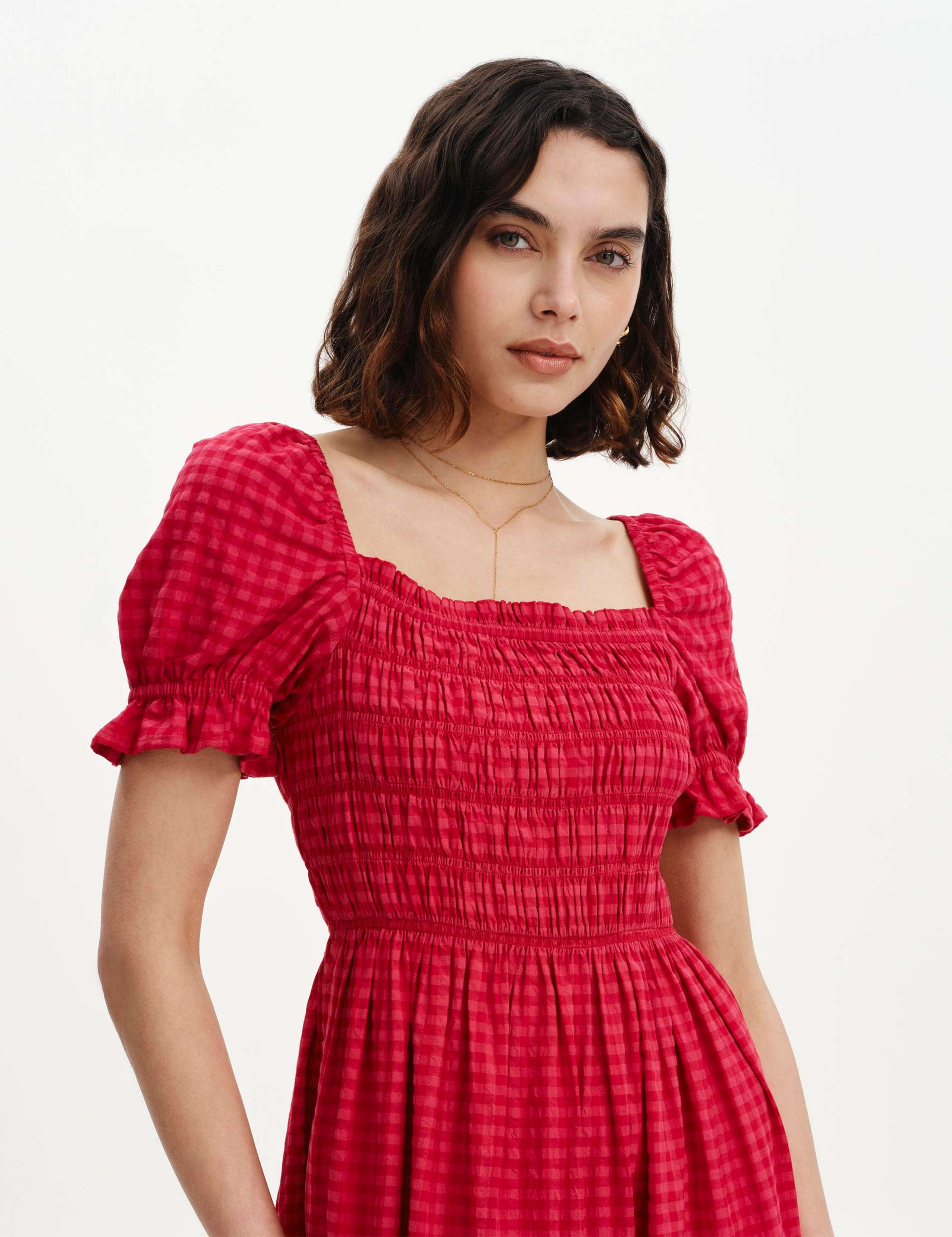 Cotton Blend Gingham Square Neck Midi Dress 4 of 6