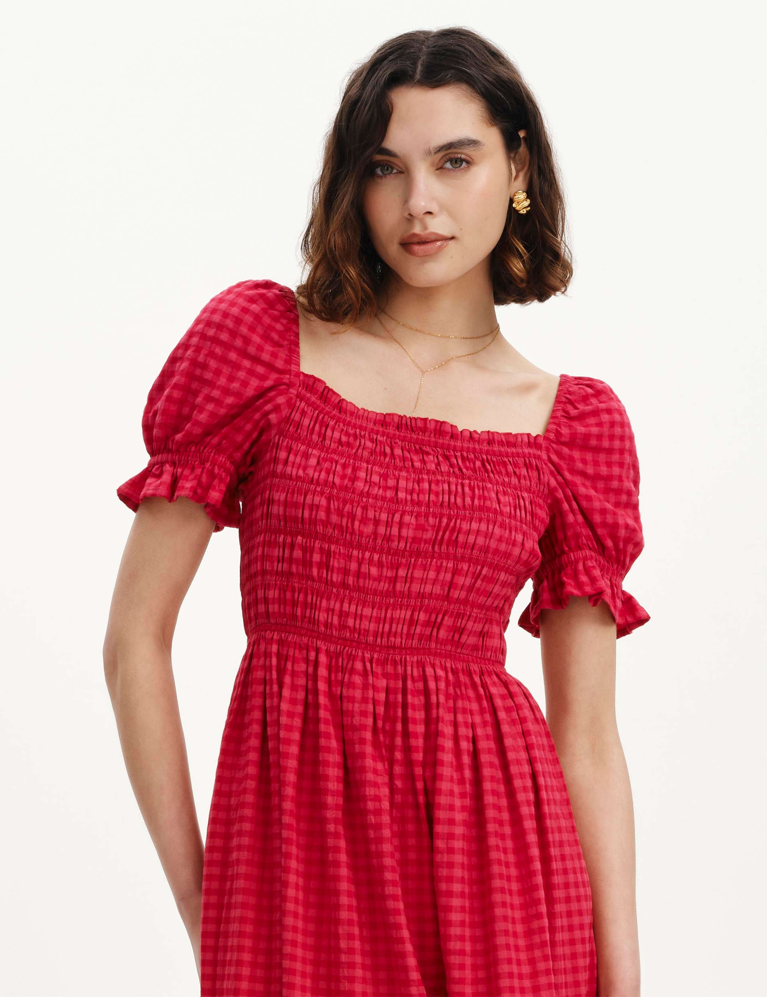 Cotton Blend Gingham Square Neck Midi Dress 5 of 6