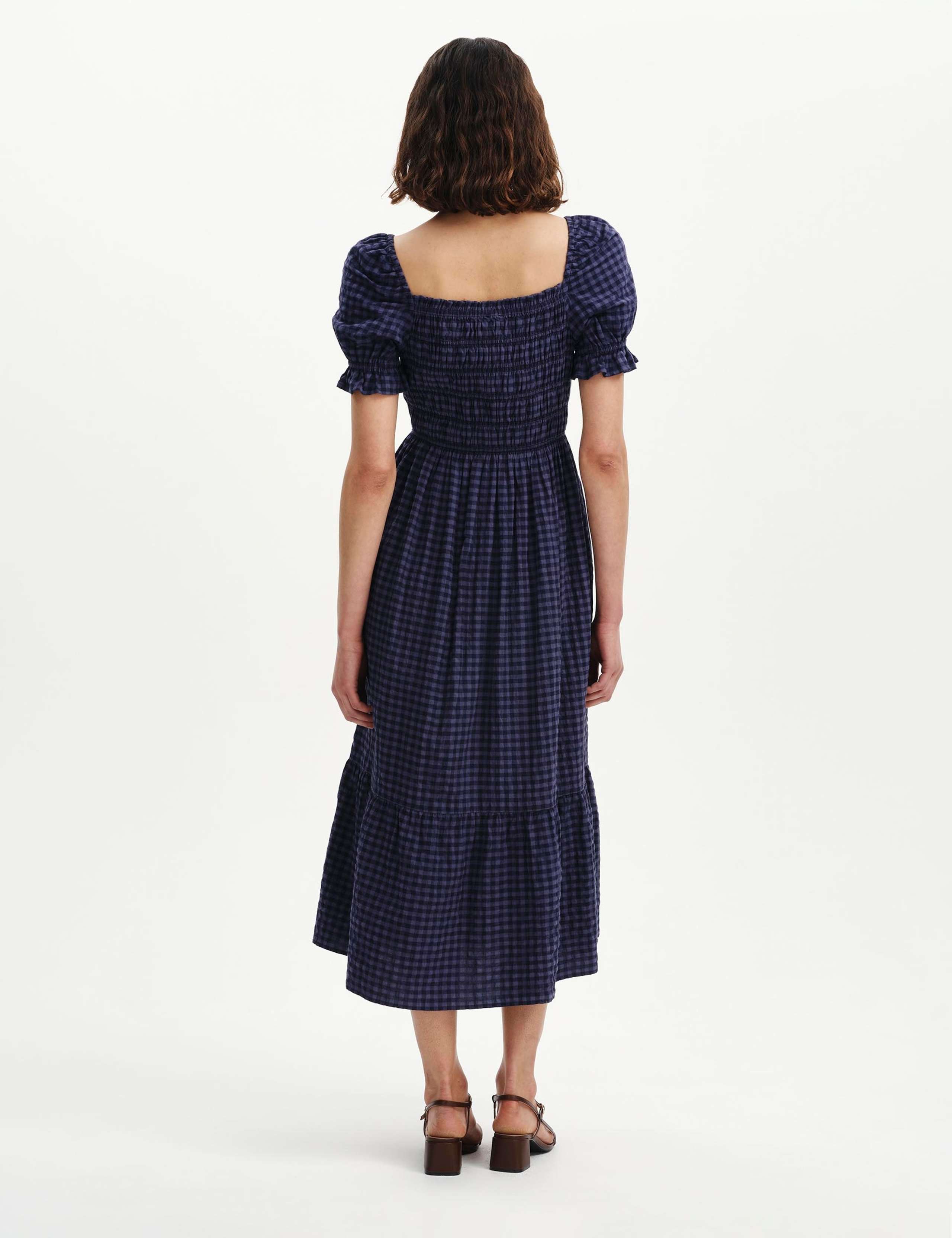 Cotton Blend Gingham Square Neck Midi Dress 2 of 6