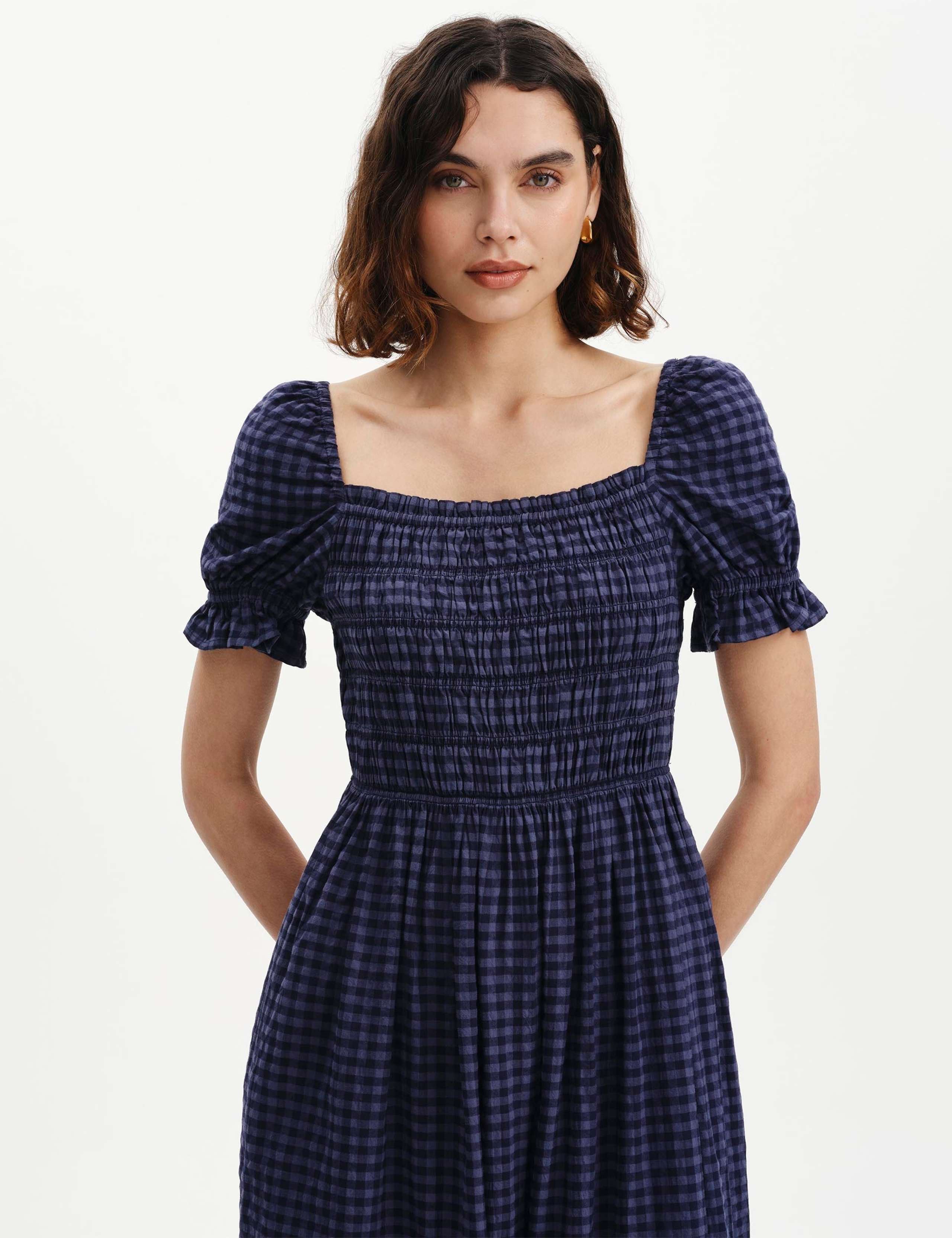 Cotton Blend Gingham Square Neck Midi Dress 3 of 6
