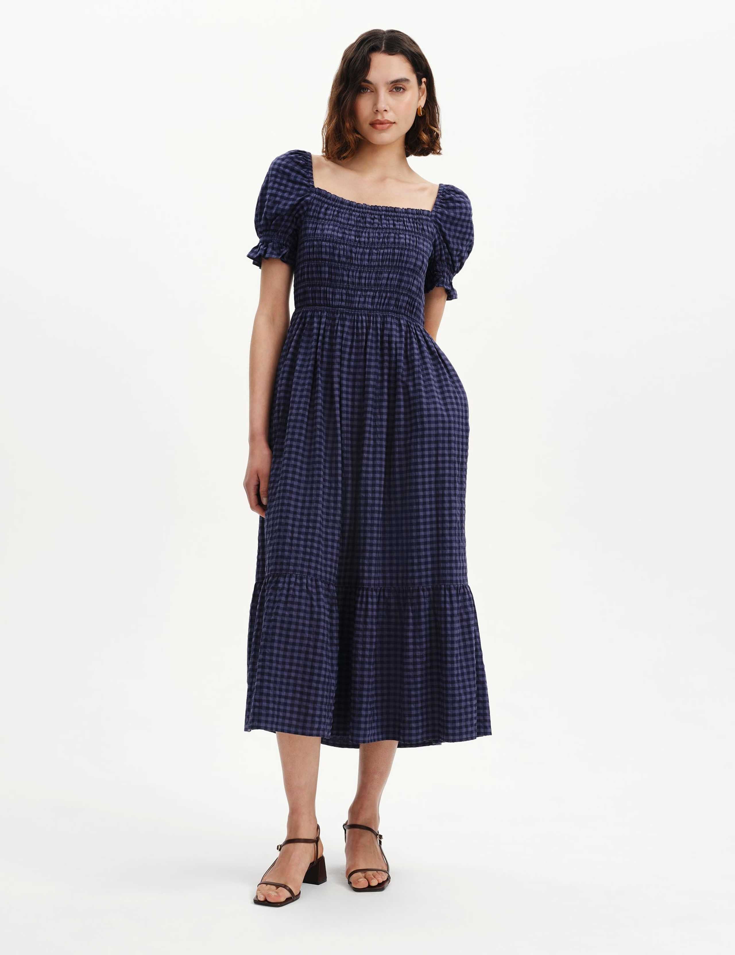 Cotton Blend Gingham Square Neck Midi Dress 4 of 6
