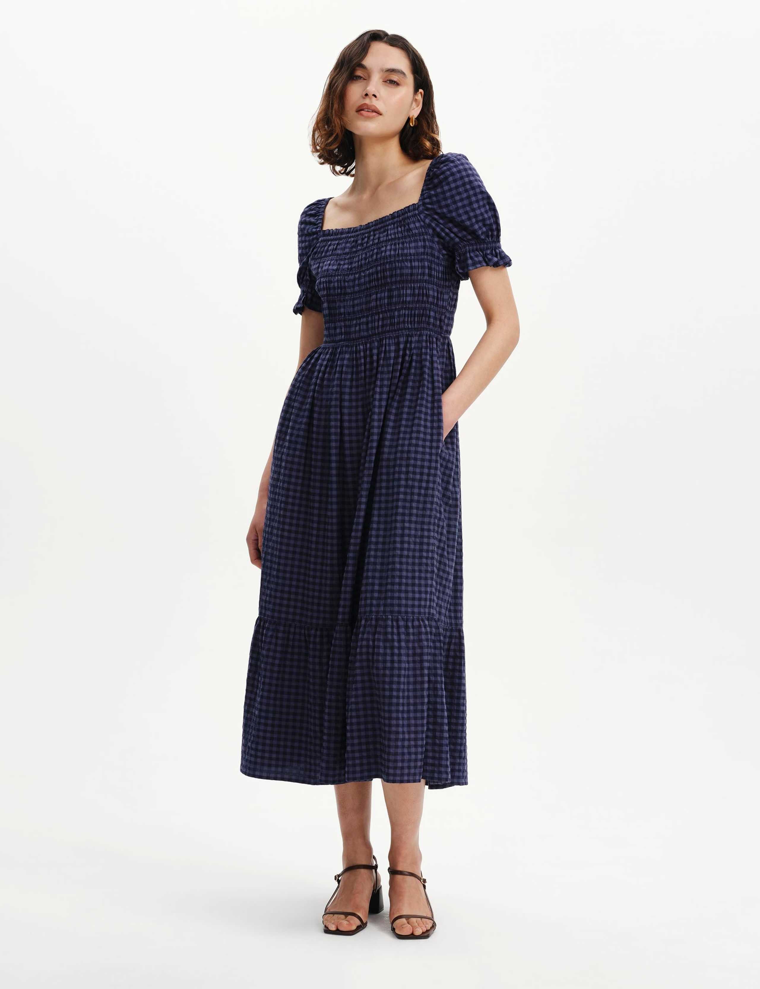Cotton Blend Gingham Square Neck Midi Dress 5 of 6