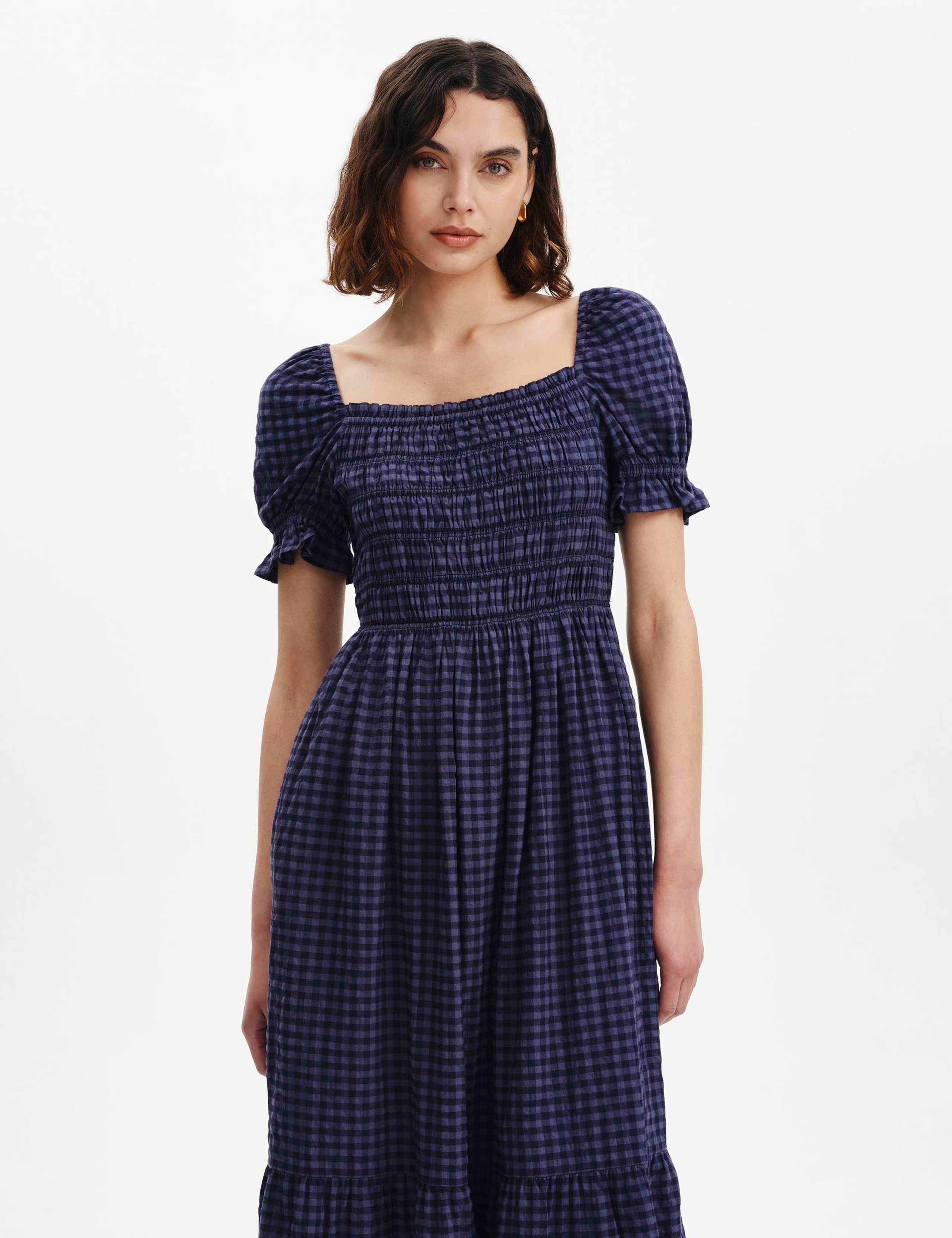Cotton Blend Gingham Square Neck Midi Dress 6 of 6
