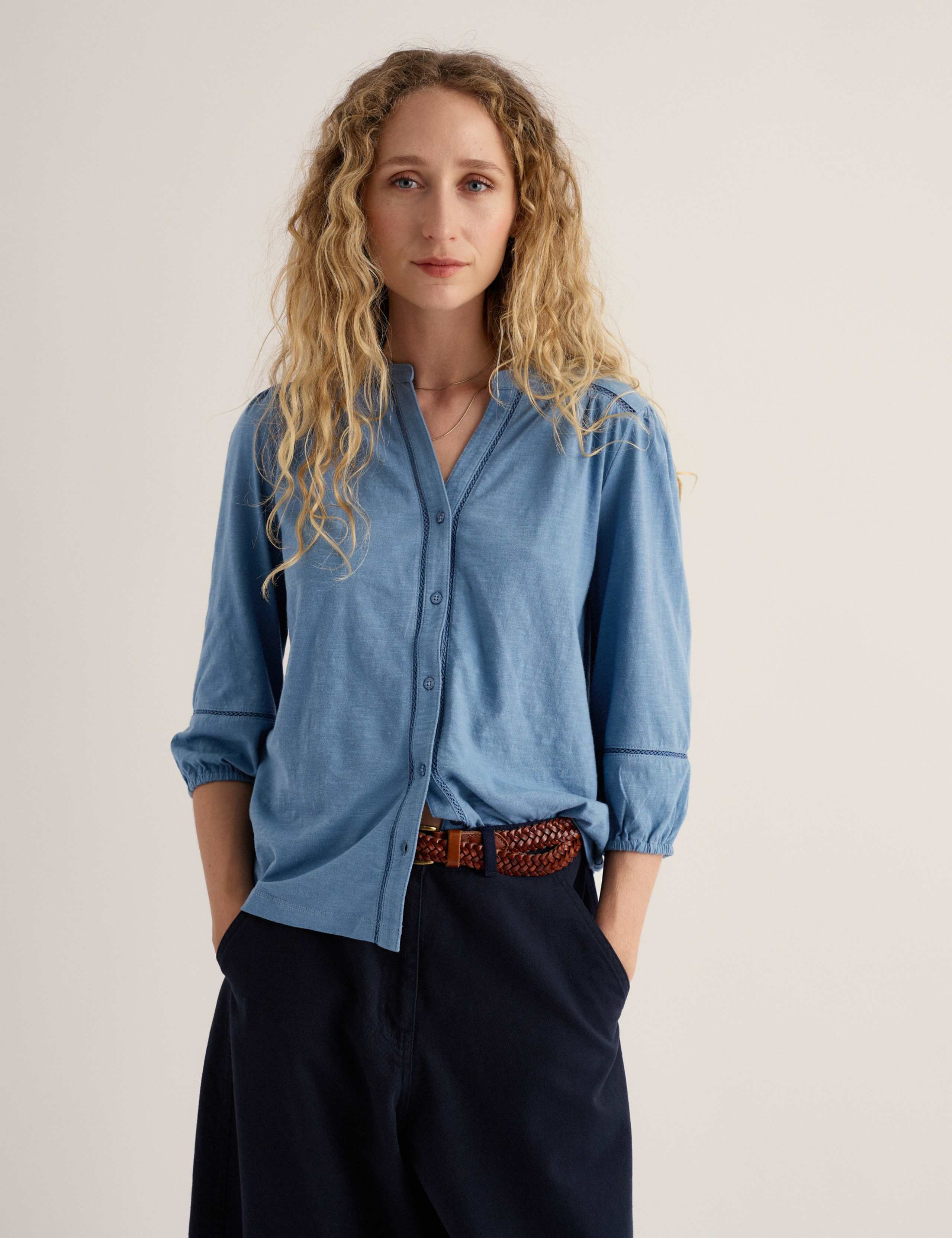 Pure Cotton Notch Neck Button Through Blouse 3 of 5
