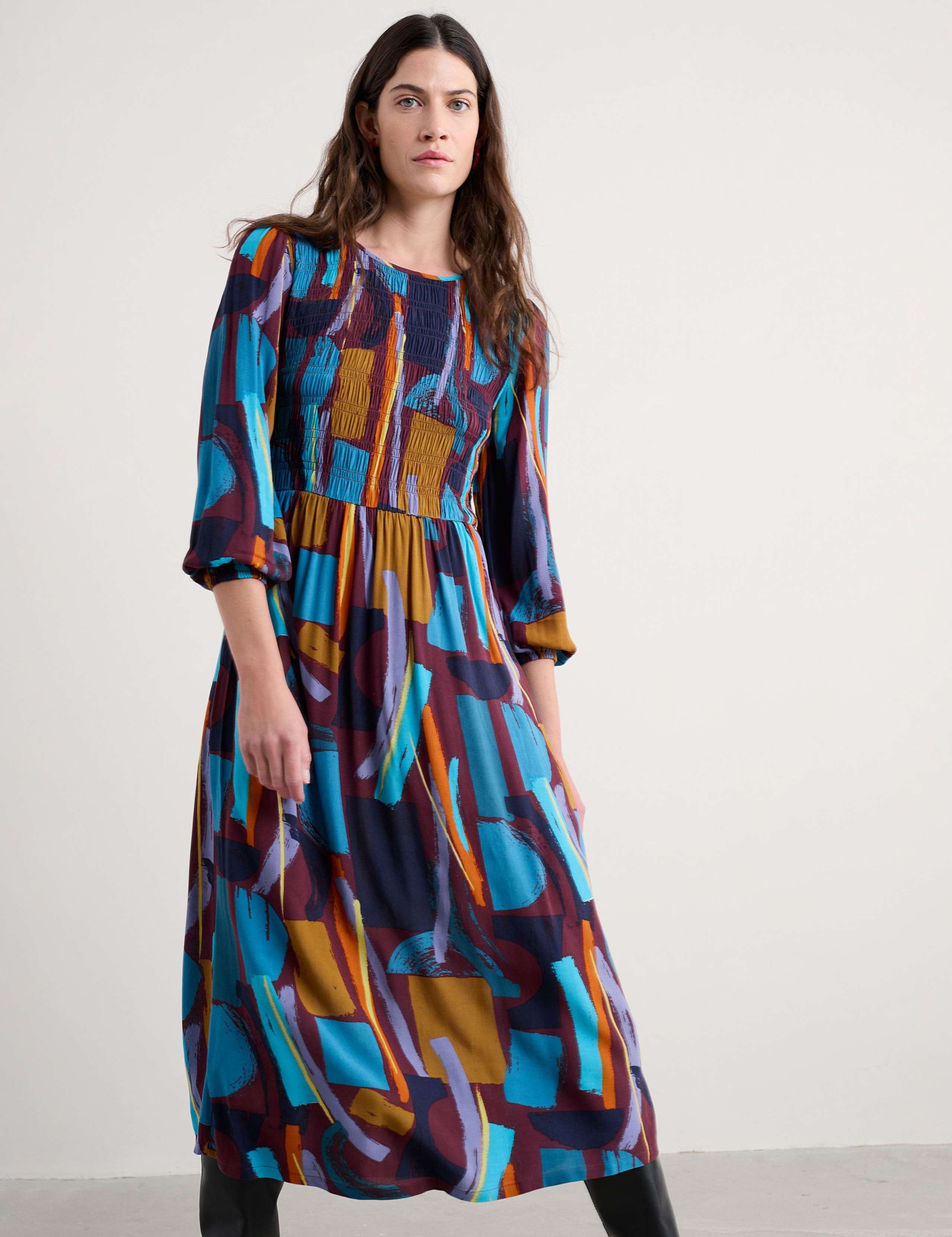 Geometric Shirred Midi Waisted Dress 3 of 5