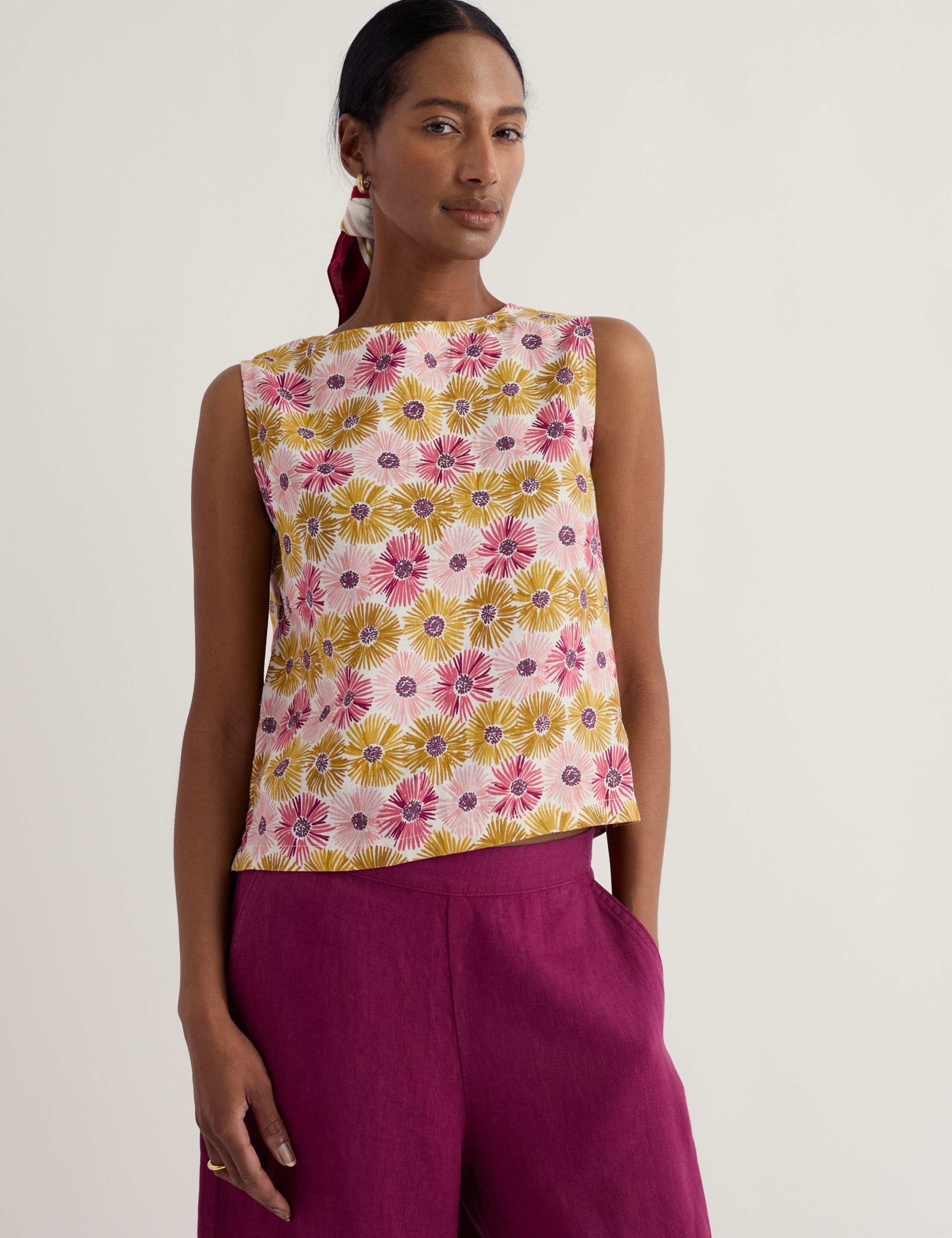 Pure Linen Floral Slash Neck Top 1 of 5