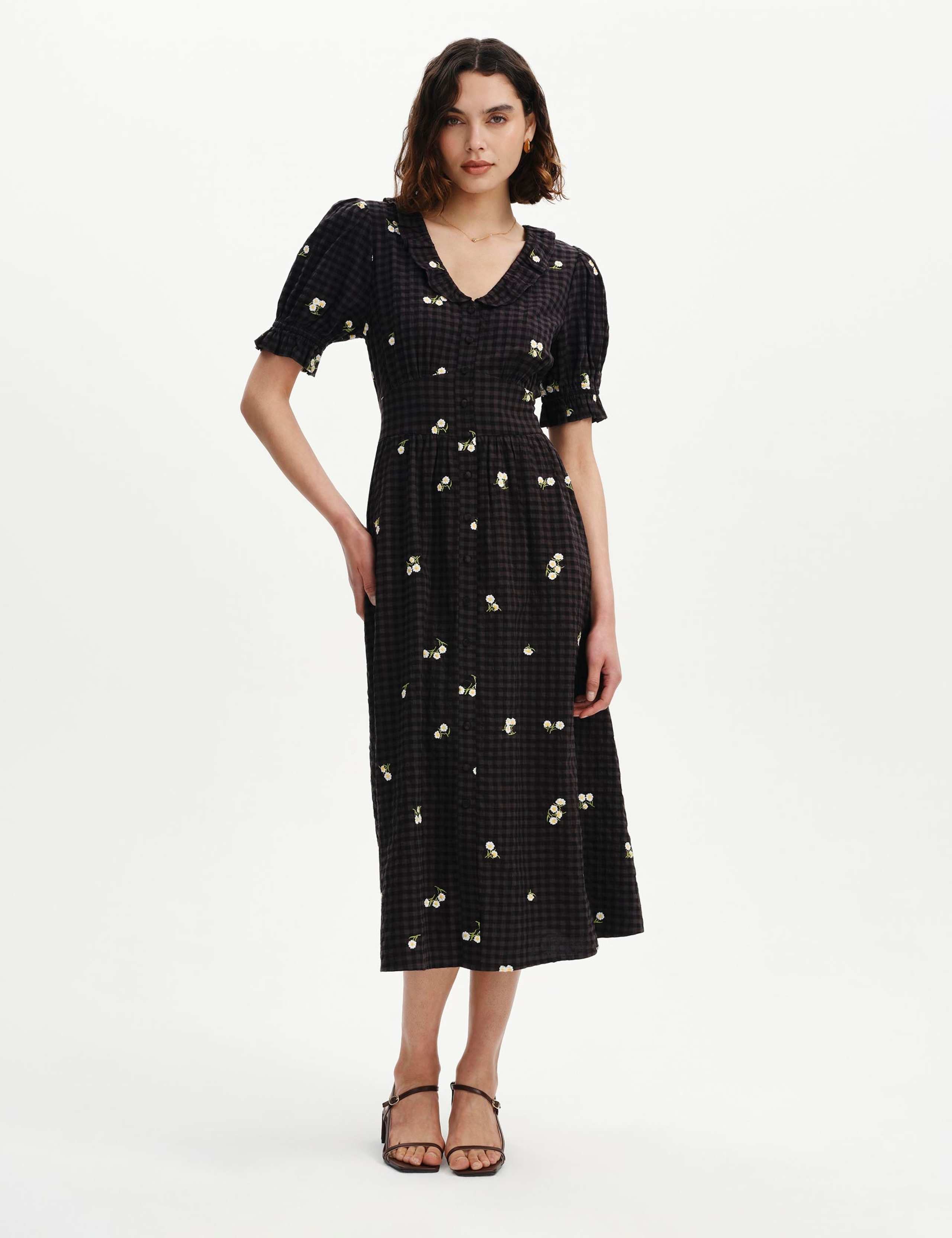 Cotton Blend Embroidered V-Neck Midi Dress 4 of 7
