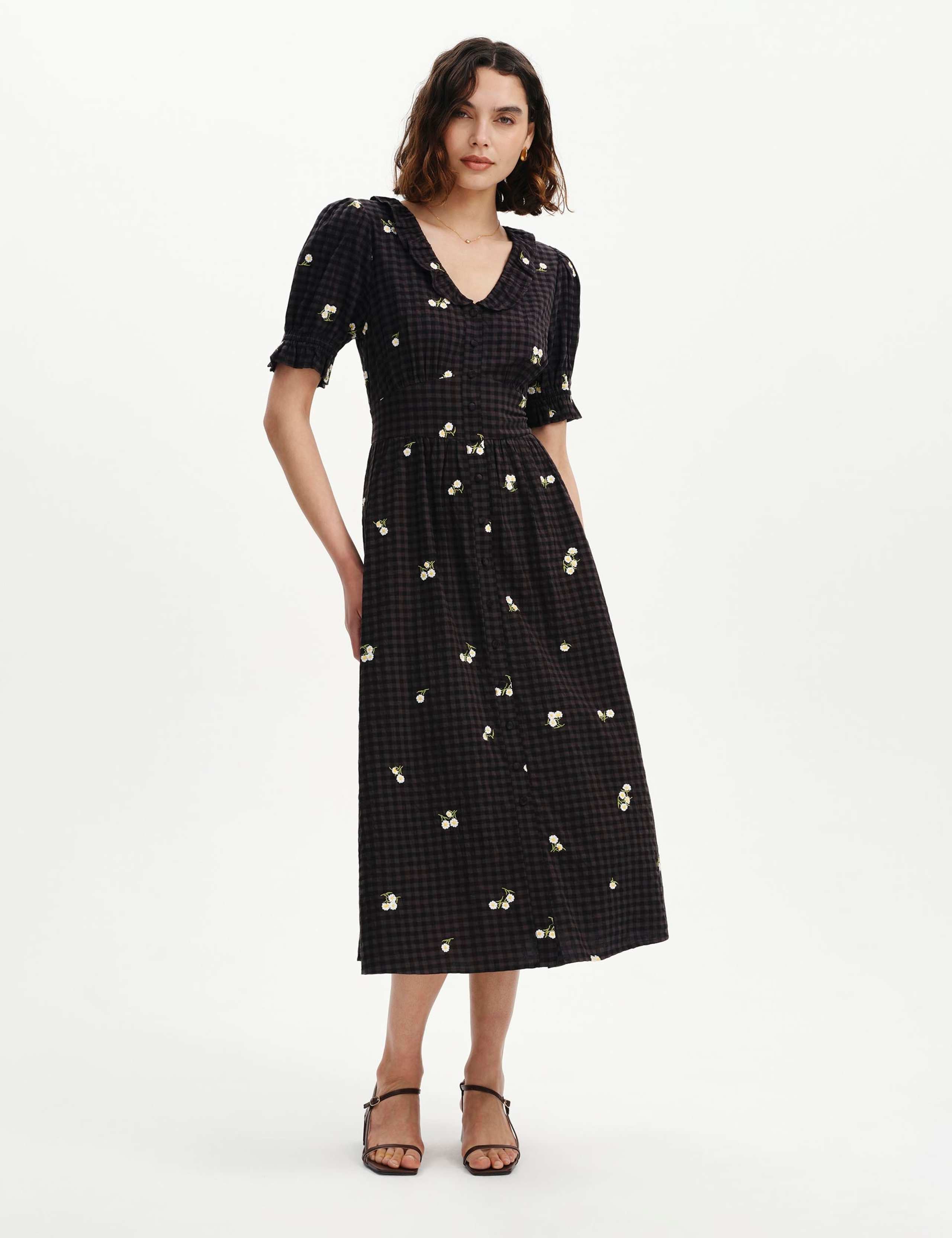 Cotton Blend Embroidered V-Neck Midi Dress 5 of 7