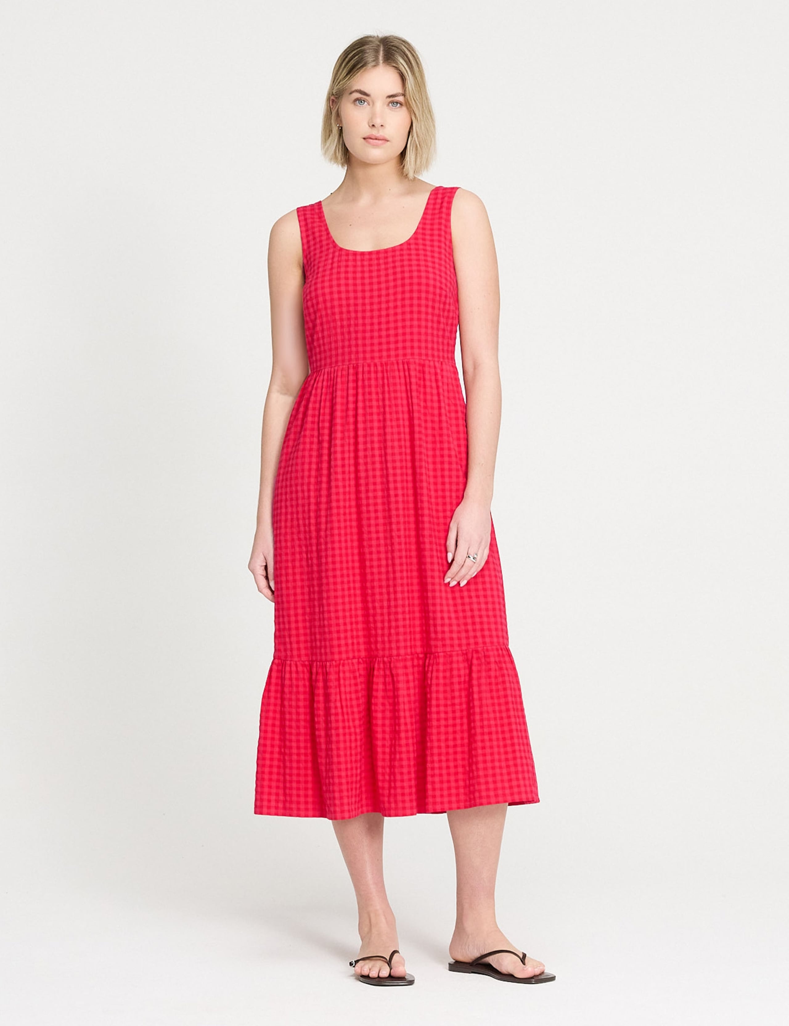 Cotton Blend Gingham Midi Waisted Dress 1 of 5