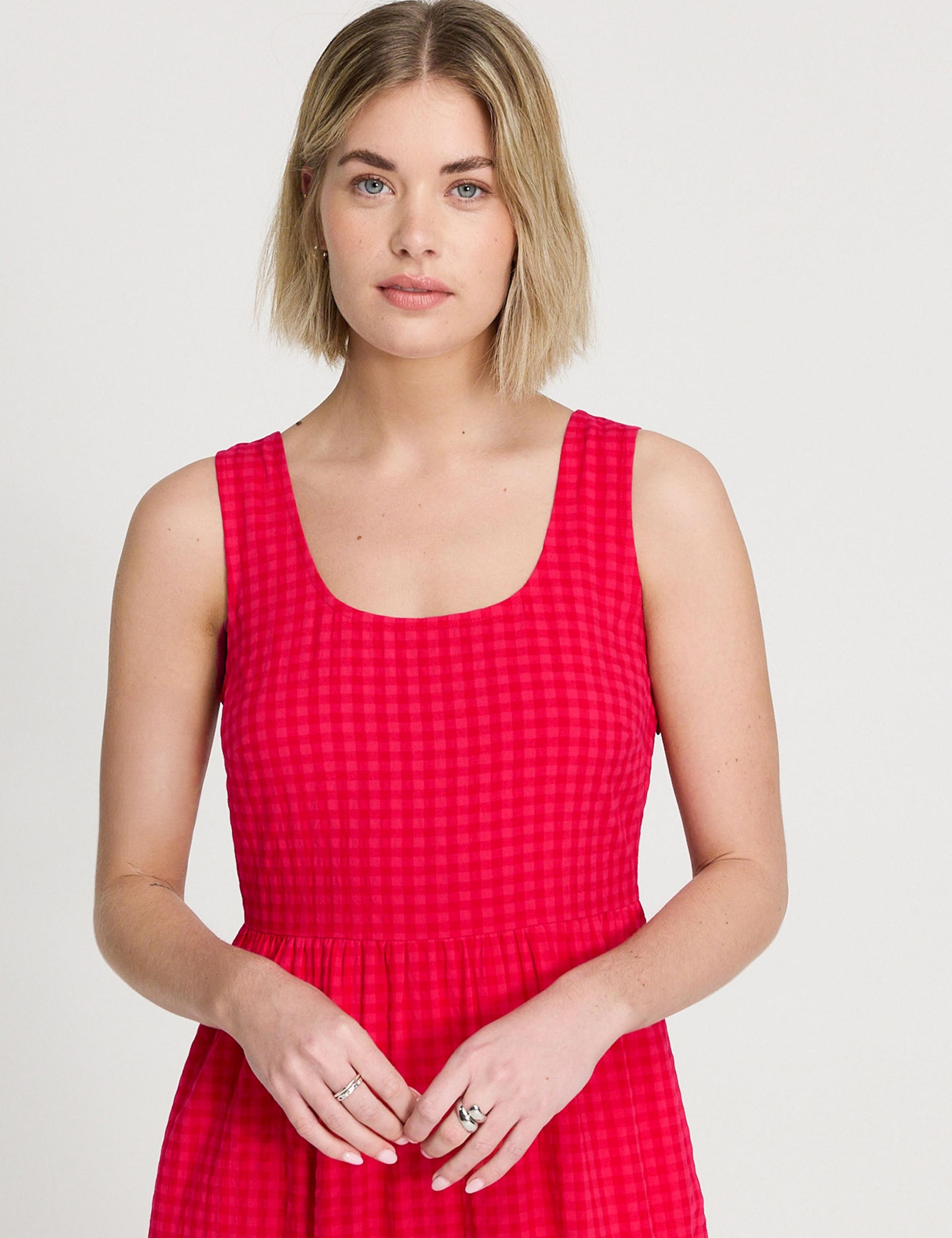 Cotton Blend Gingham Midi Waisted Dress 4 of 5