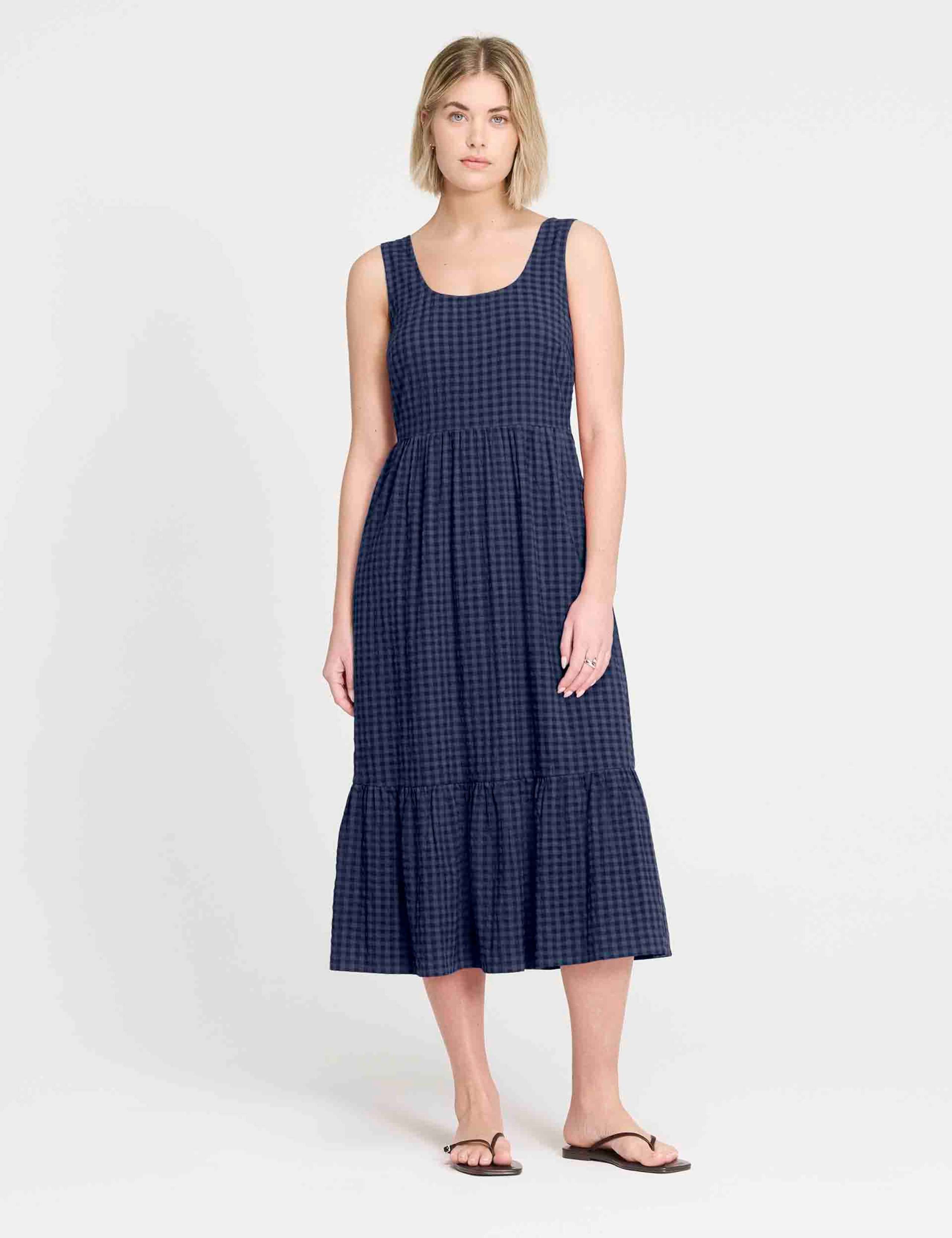 Cotton Blend Gingham Midi Waisted Dress 2 of 8