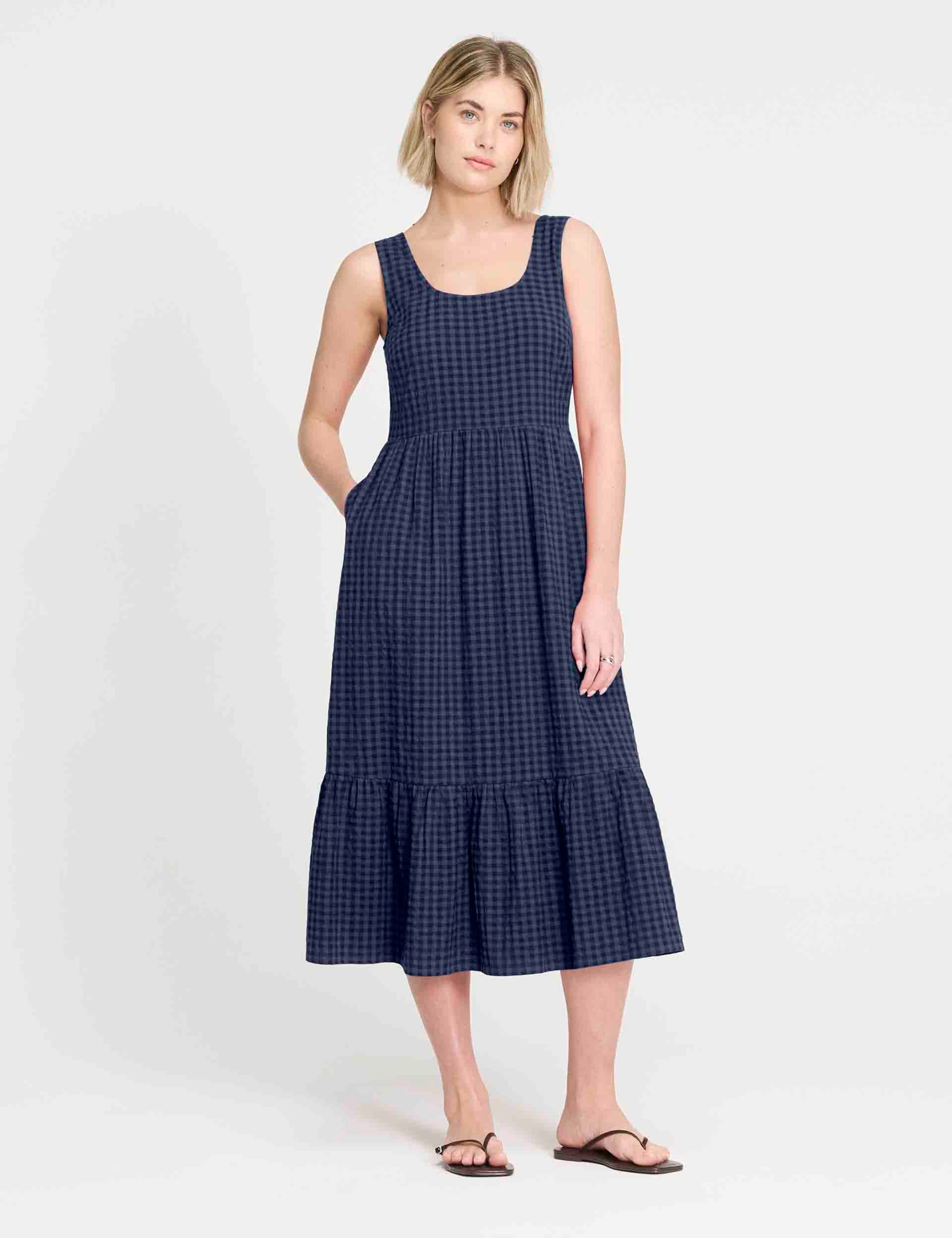 Cotton Blend Gingham Midi Waisted Dress 4 of 8