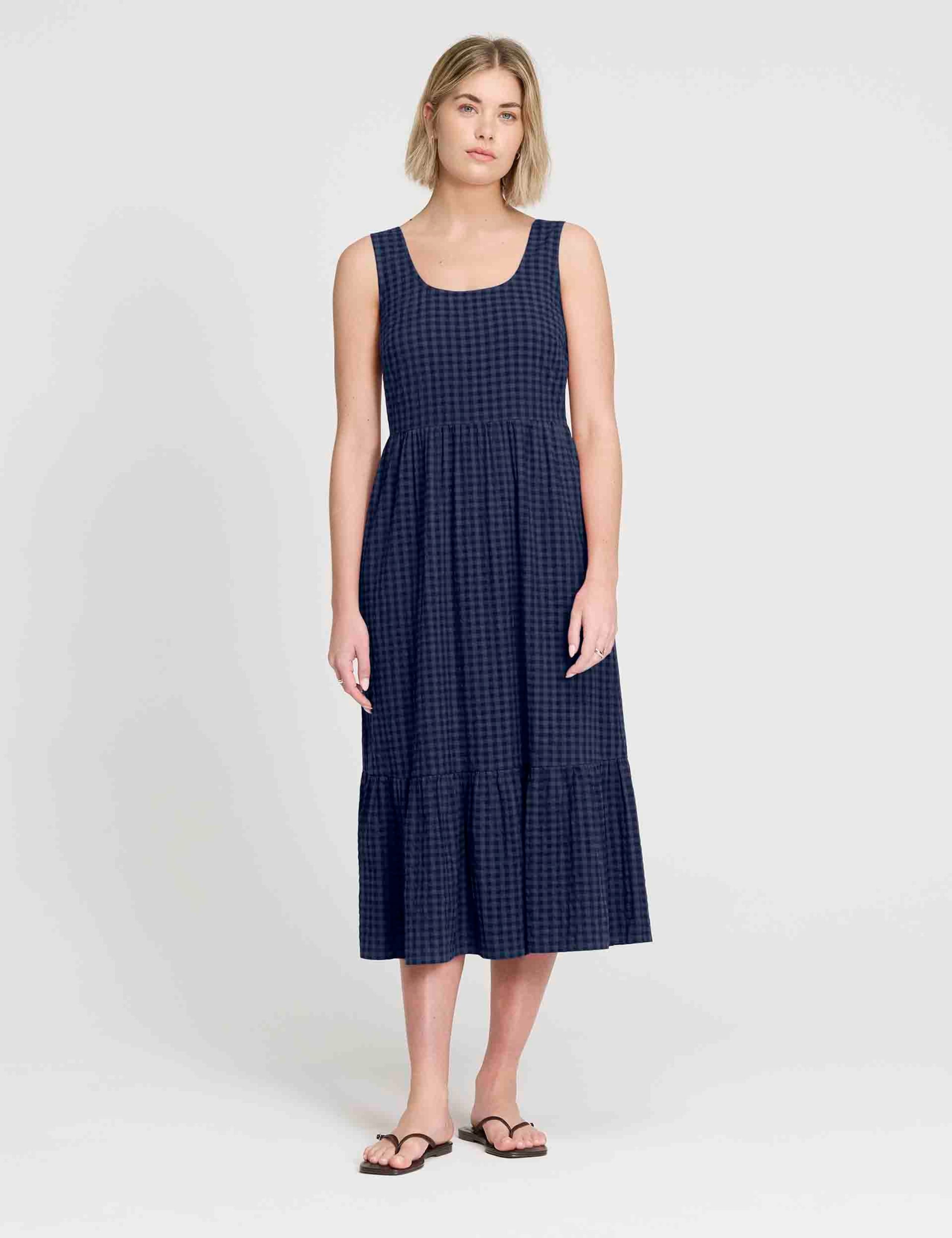 Cotton Blend Gingham Midi Waisted Dress 5 of 8