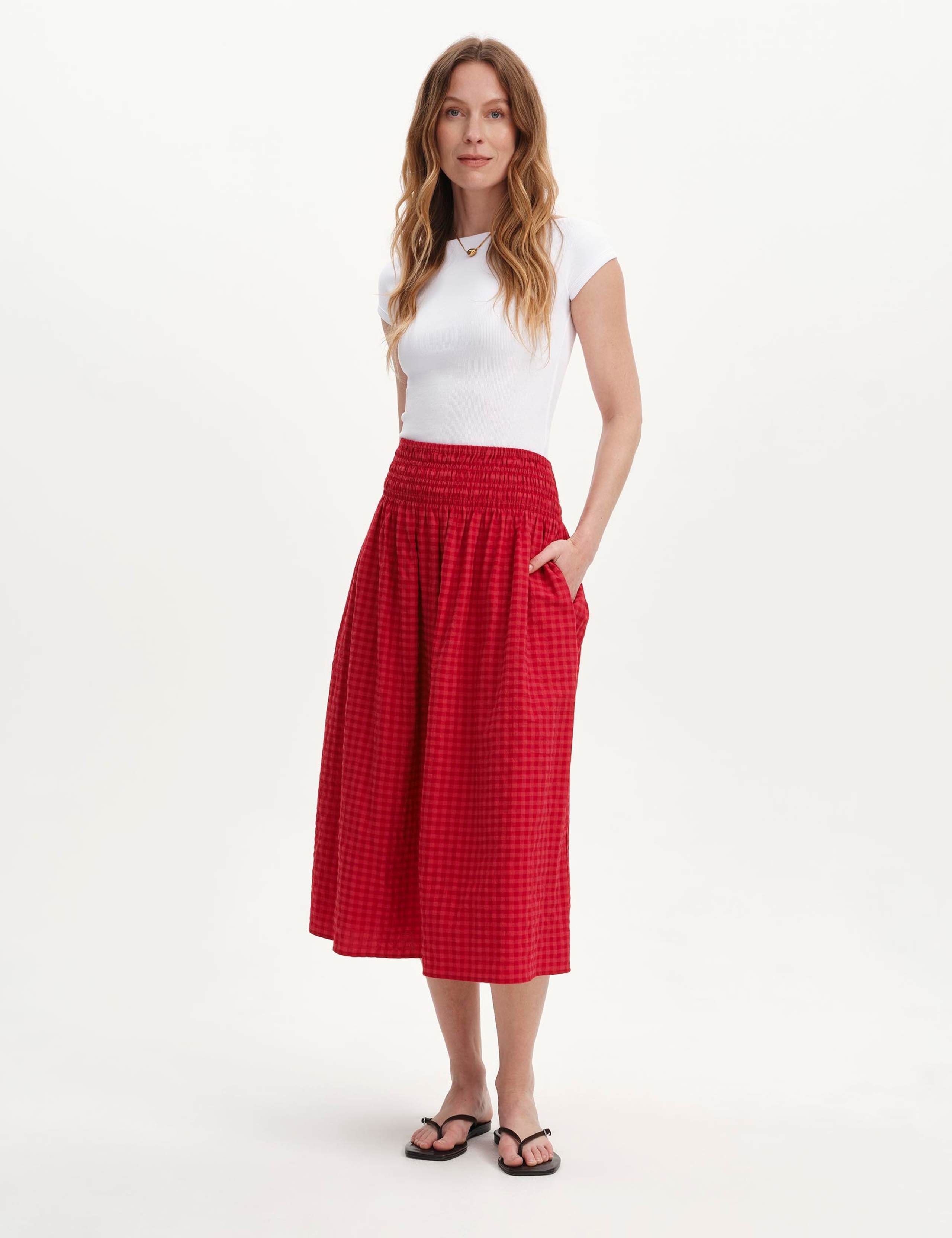 Cotton Blend Gingham Midi A-Line Skirt 2 of 5