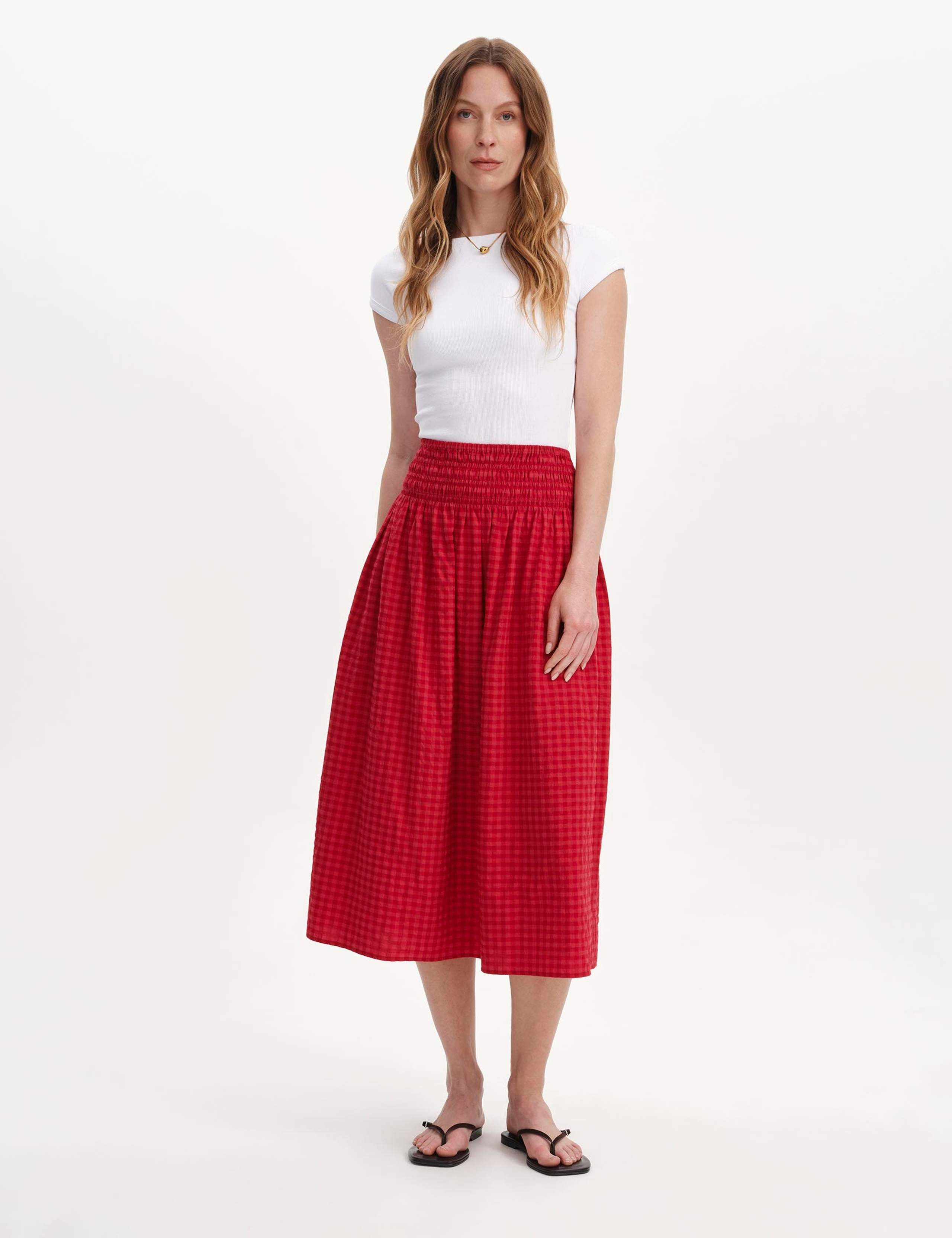 Cotton Blend Gingham Midi A-Line Skirt 3 of 5