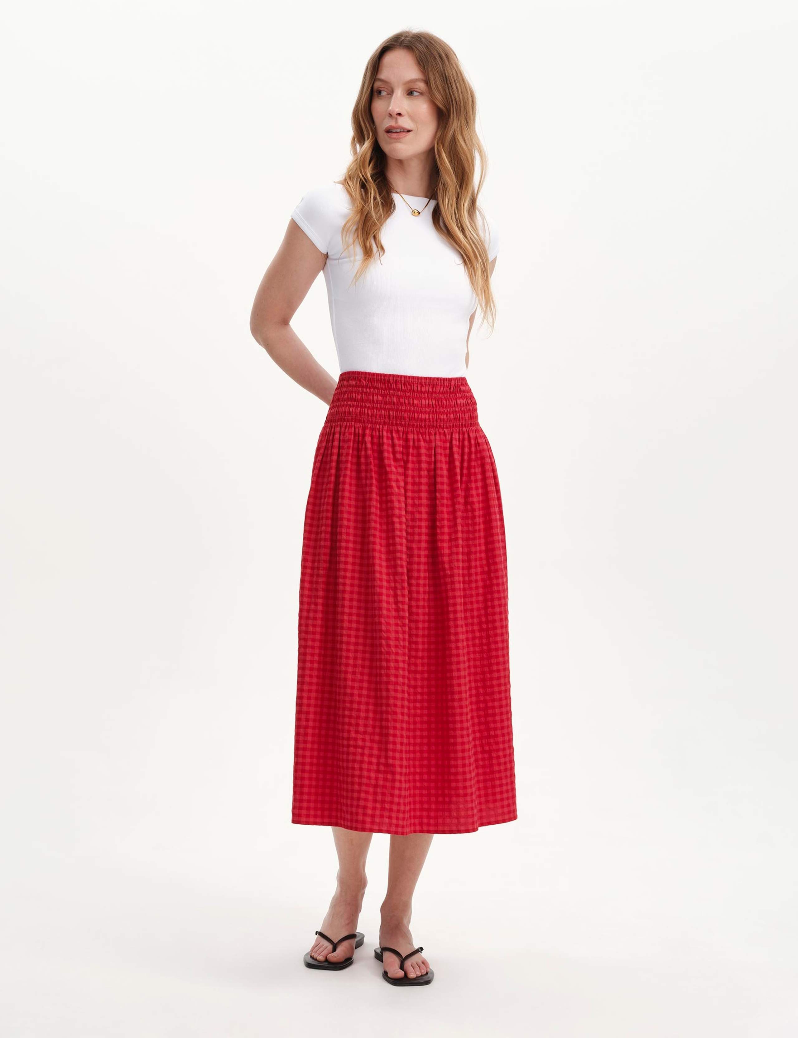 Cotton Blend Gingham Midi A-Line Skirt 4 of 5