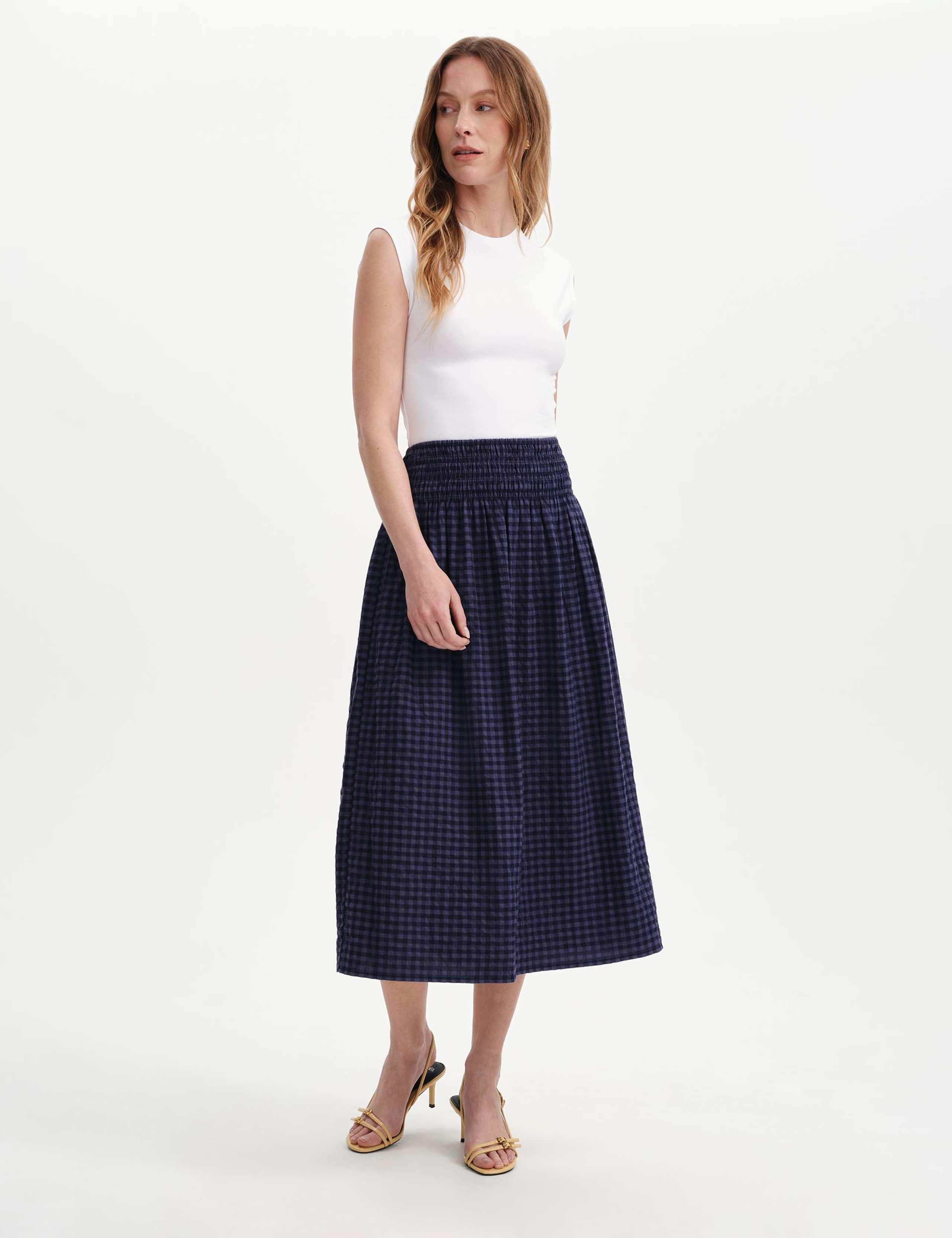 Cotton Blend Gingham Midi A-Line Skirt 2 of 6