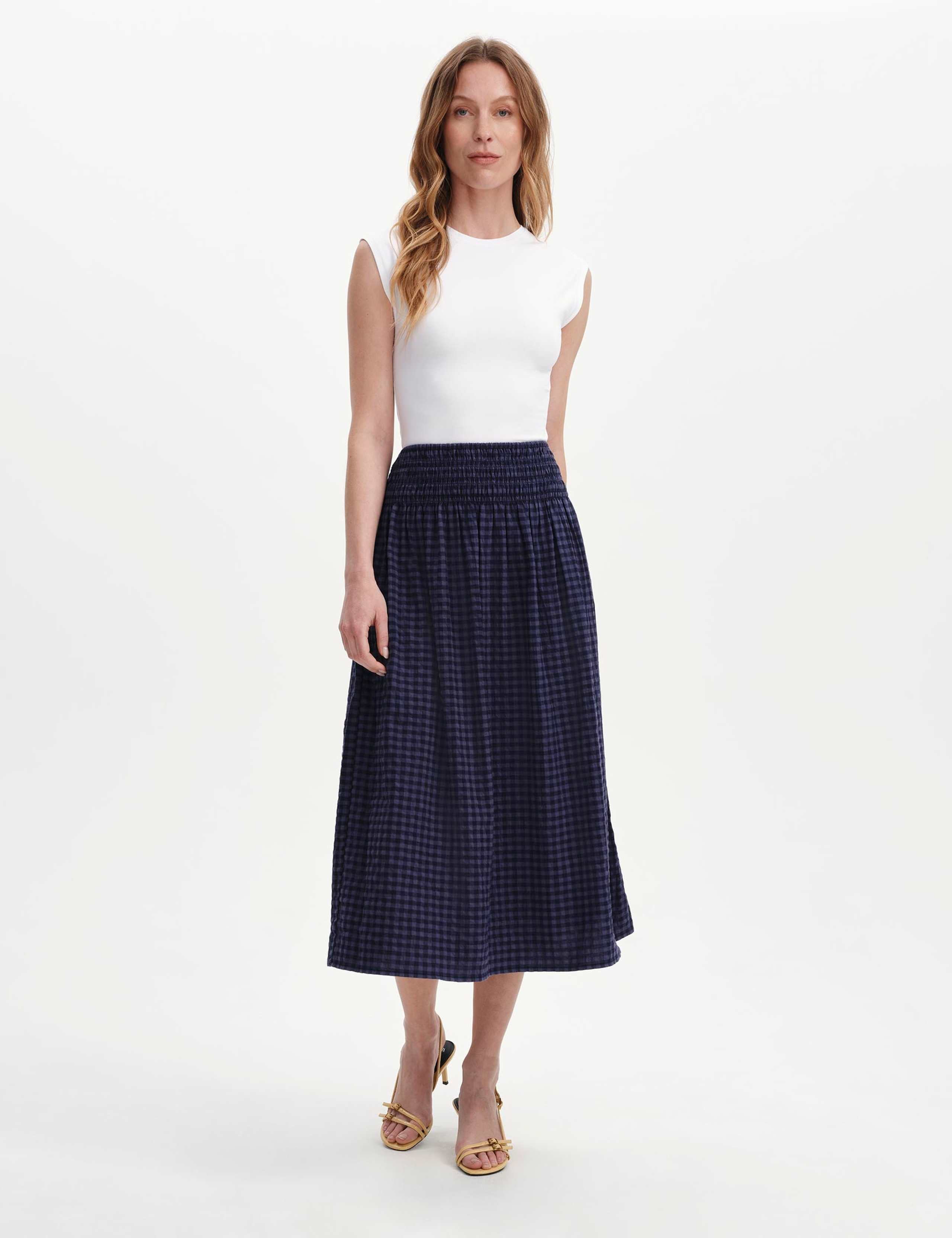 Cotton Blend Gingham Midi A-Line Skirt 5 of 6