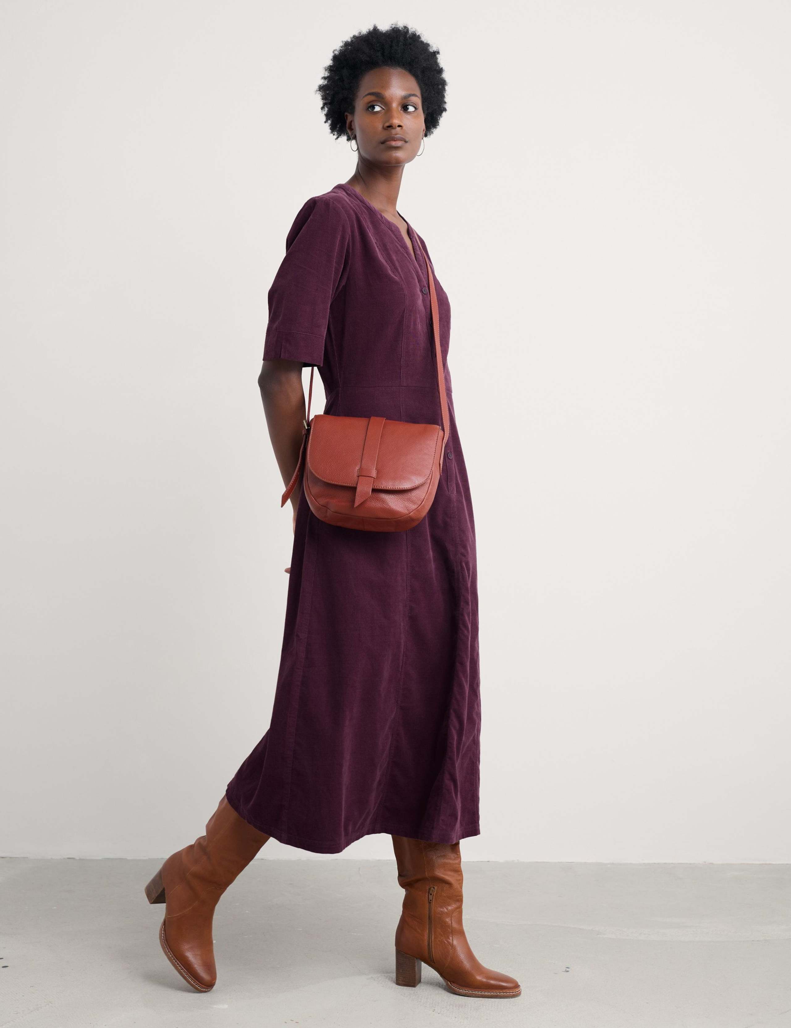 Pure Cotton Cord V-Neck Waisted Midi Dress 3 of 5