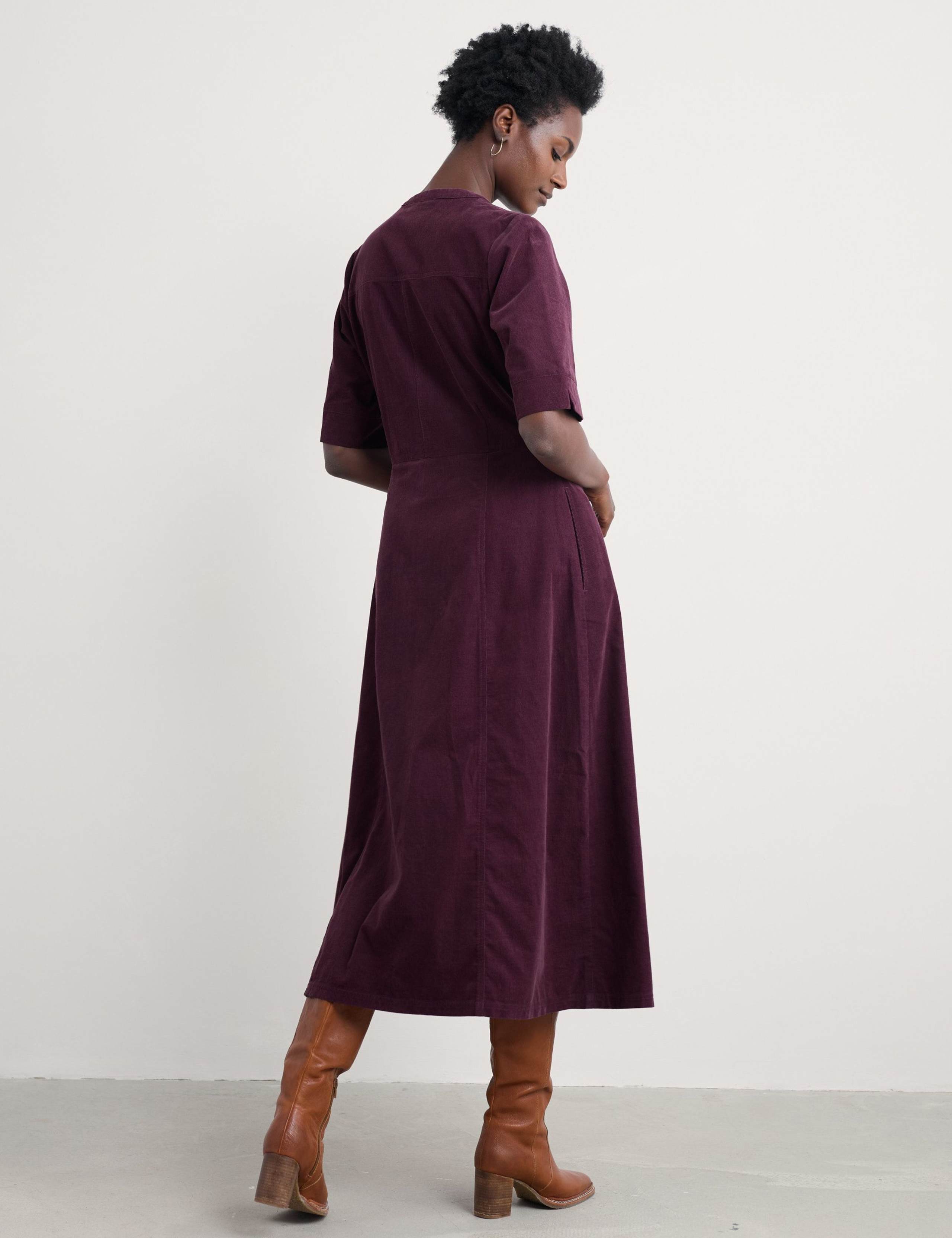 Pure Cotton Cord V-Neck Waisted Midi Dress 4 of 5