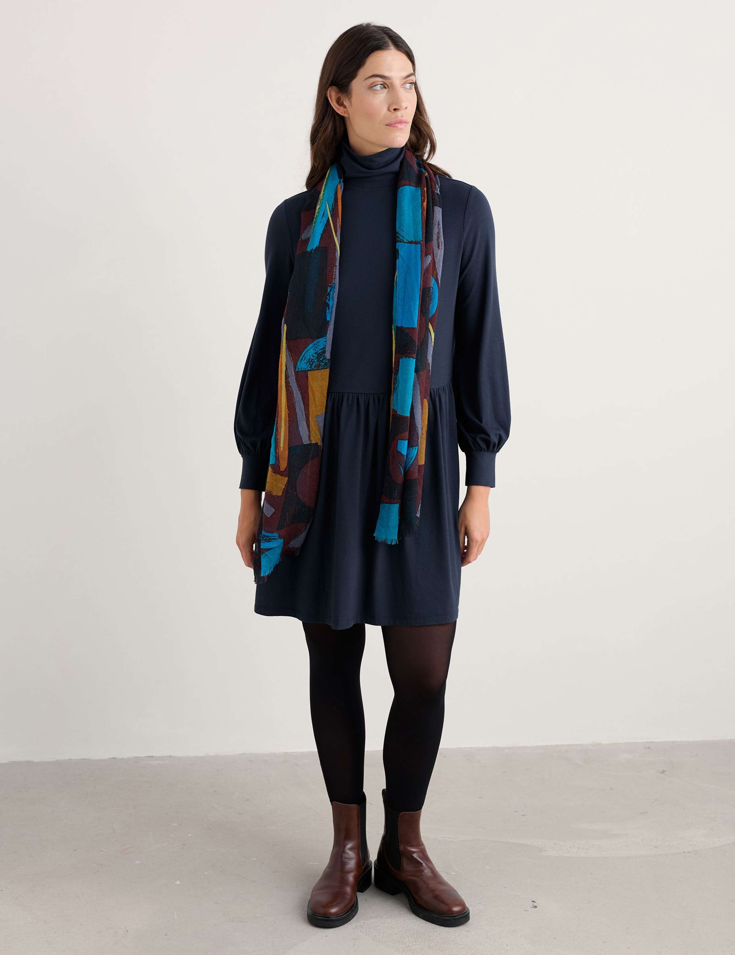 Cotton Rich Roll Neck Mini Waisted Dress 3 of 5