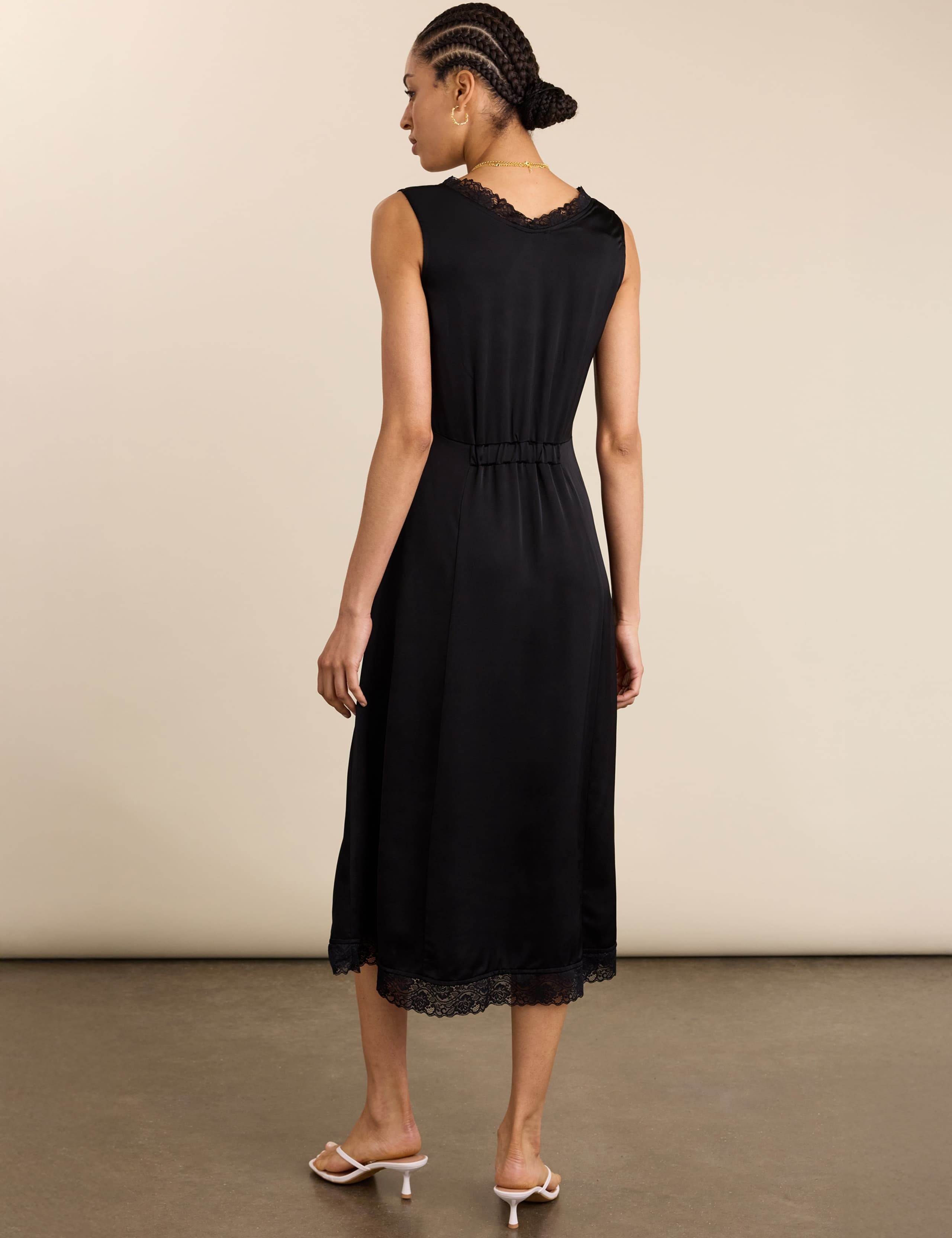 Satin V-Neck Lace Trim Midi Slip Dress 2 of 7