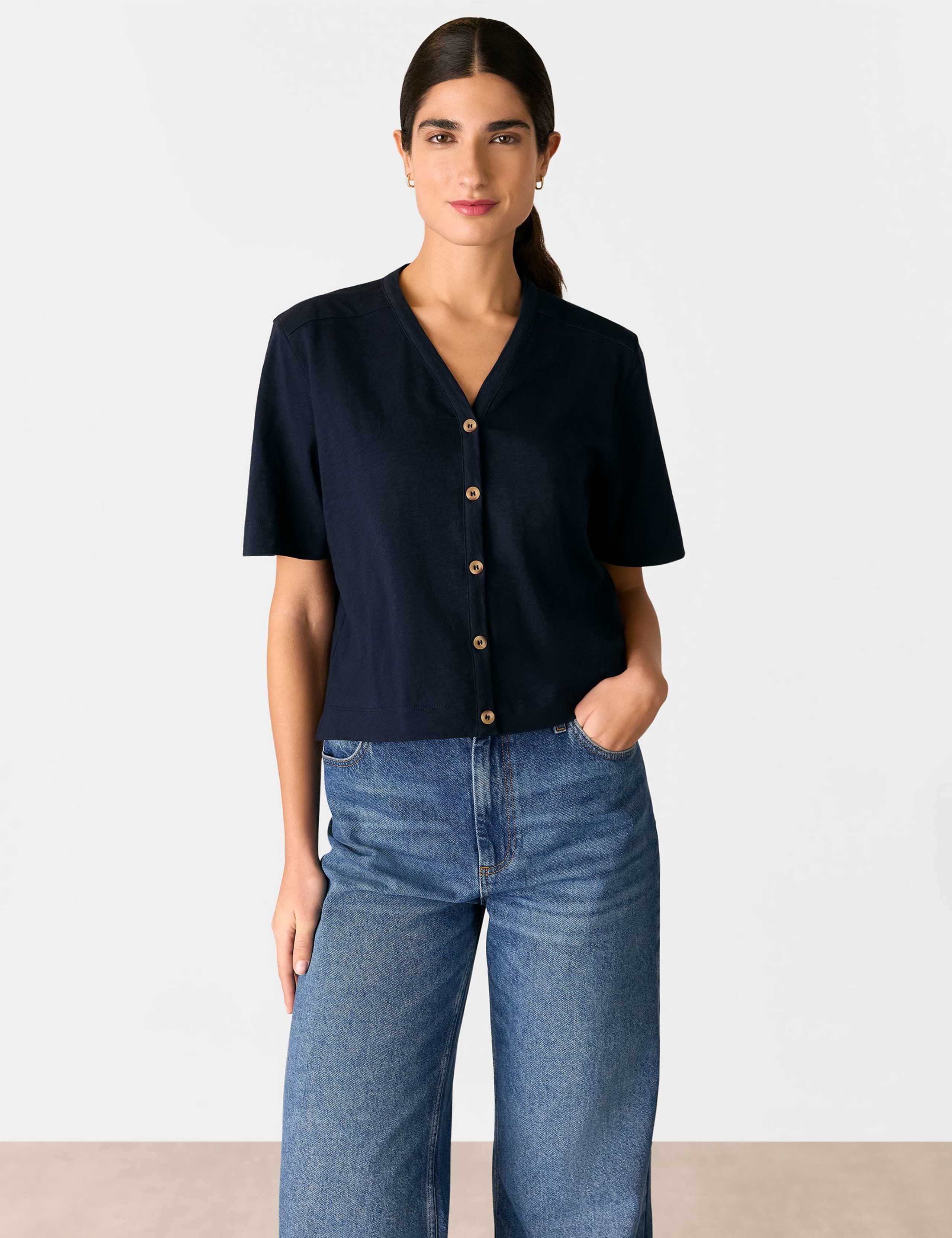 Pure Cotton V-Neck Button Through T-Shirt 1 of 4