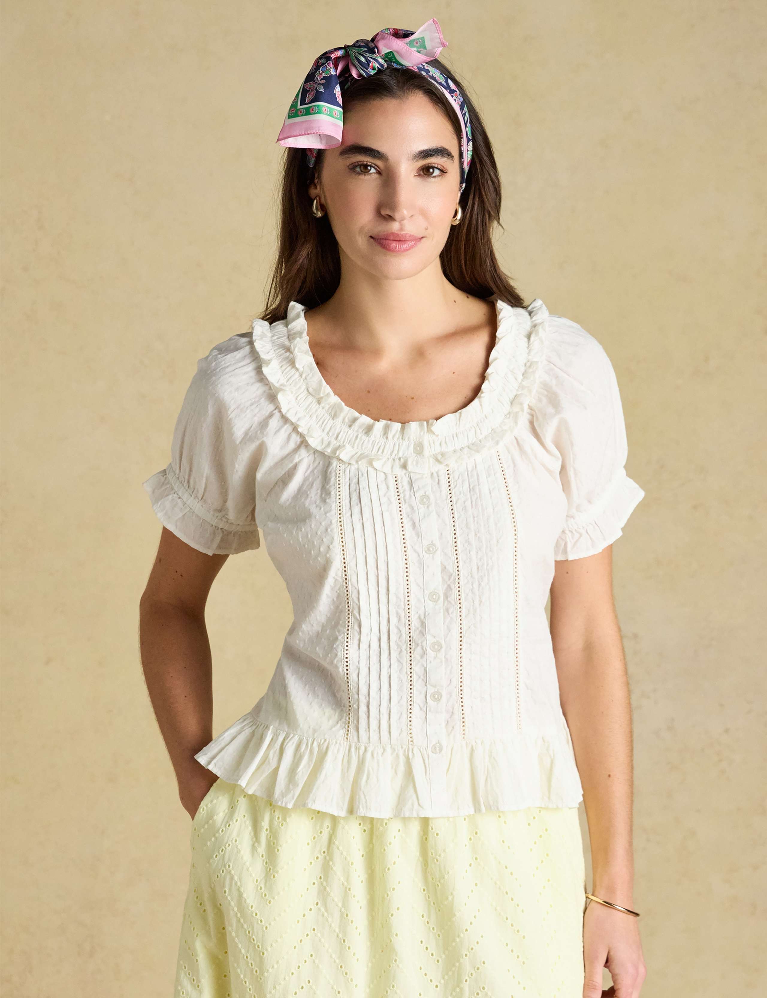 Pure Cotton Pintuck Frill Detail Blouse 1 of 8