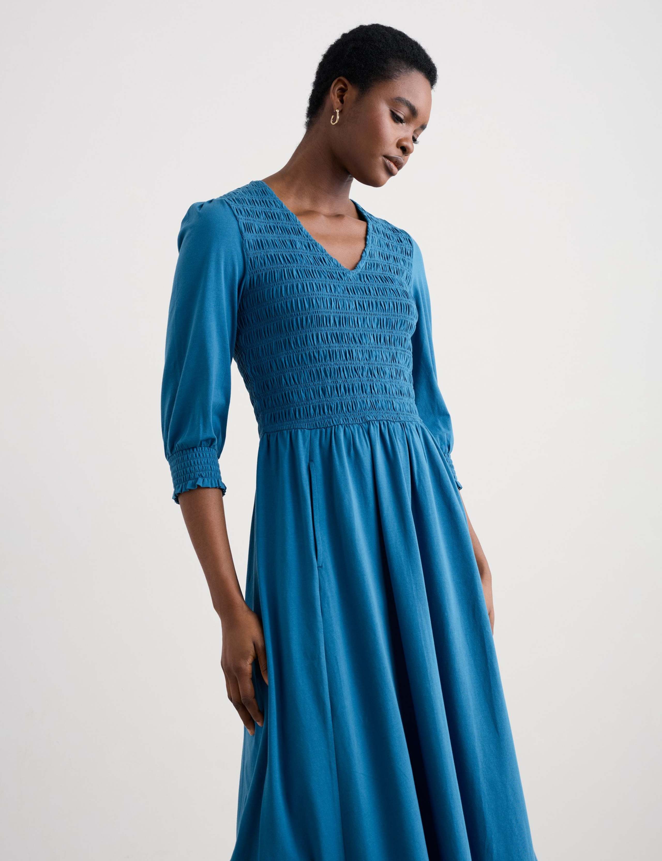 Cotton Rich V-Neck Midi Shirred Dress 4 of 5