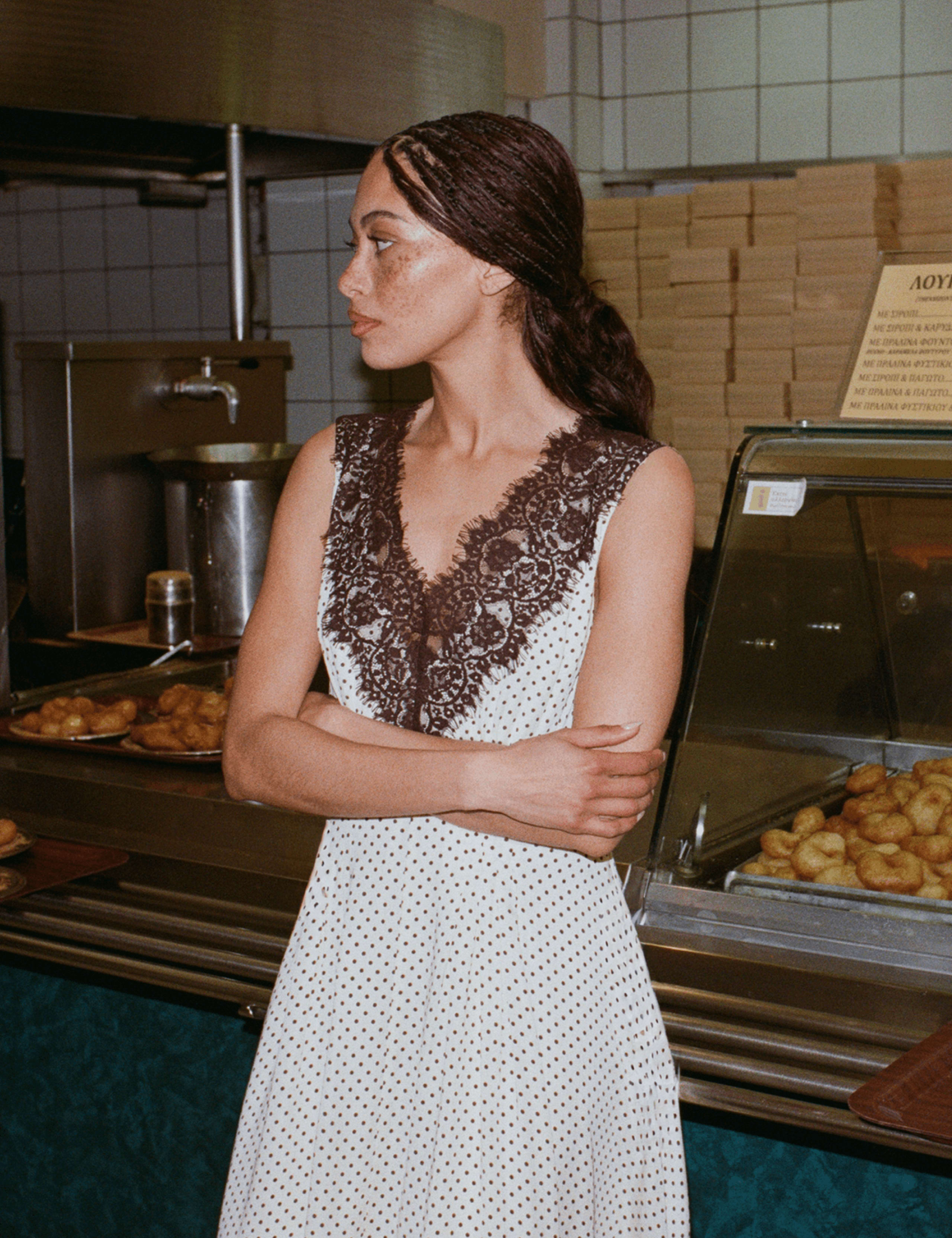 Spot Print Lace V-Neck Midi Slip Dress 3 of 10