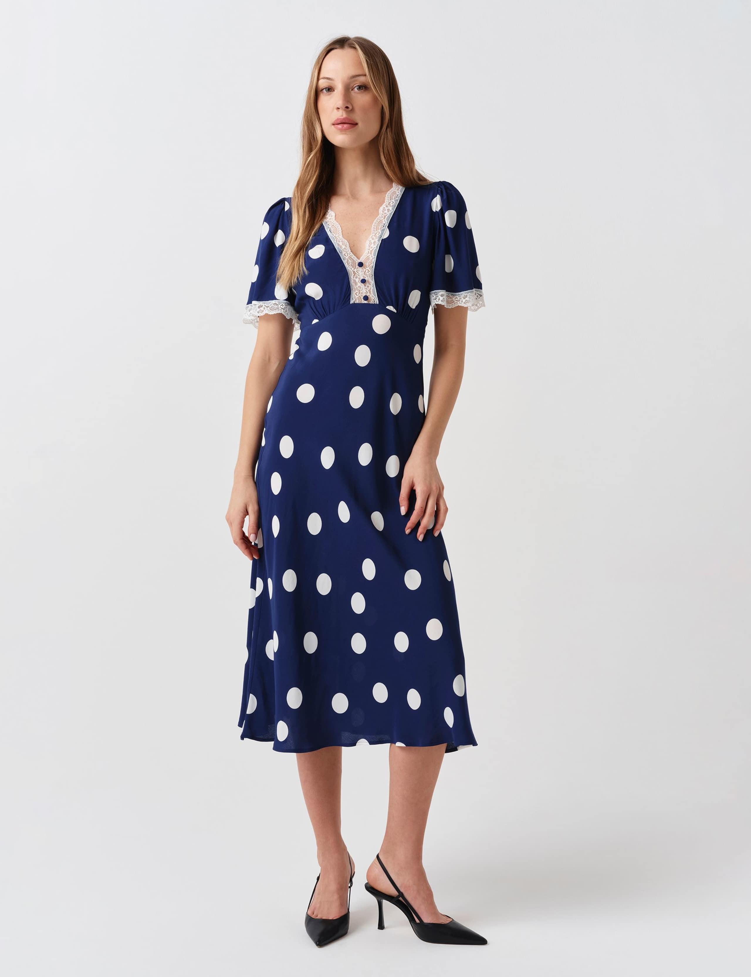 Crepe Spot Lace V-Neck Midi Tea Dress 1 of 6