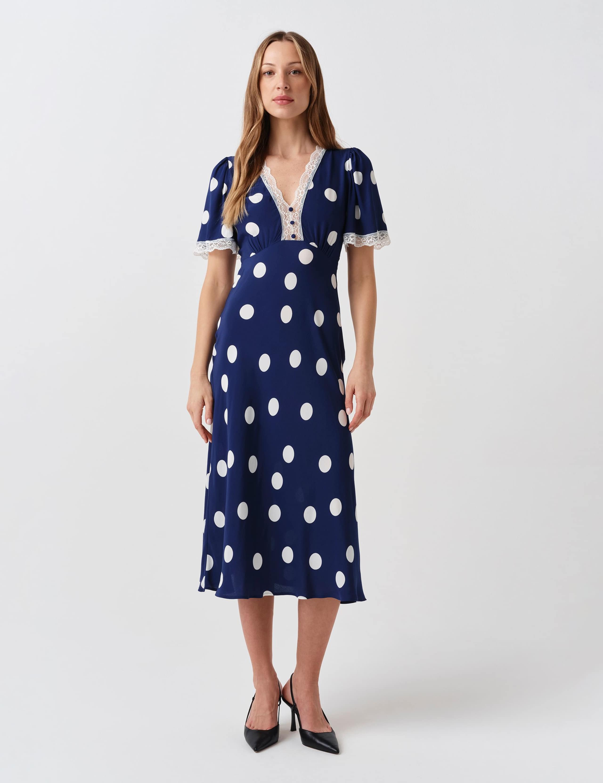 Crepe Spot Lace V-Neck Midi Tea Dress 2 of 6