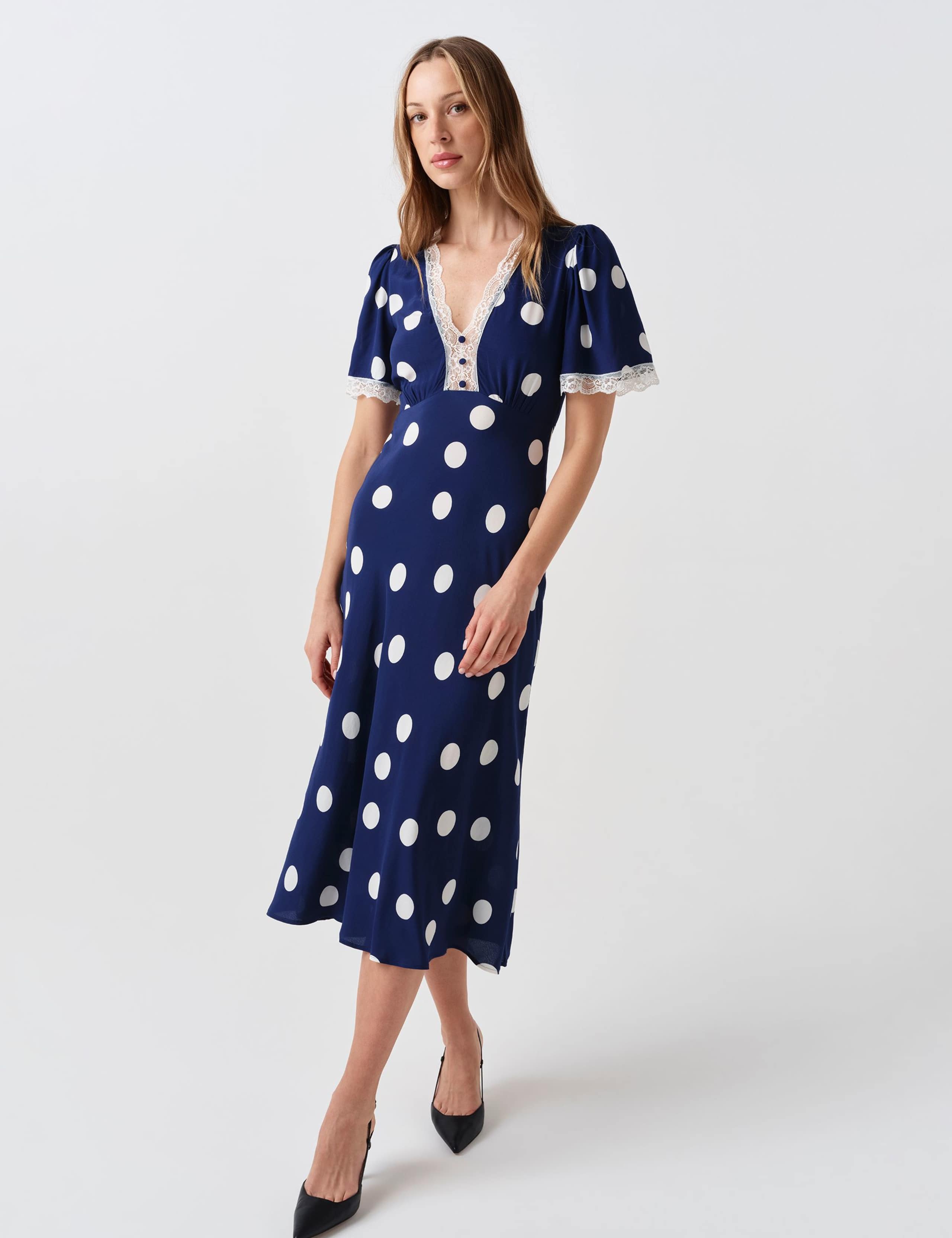Crepe Spot Lace V-Neck Midi Tea Dress 3 of 6