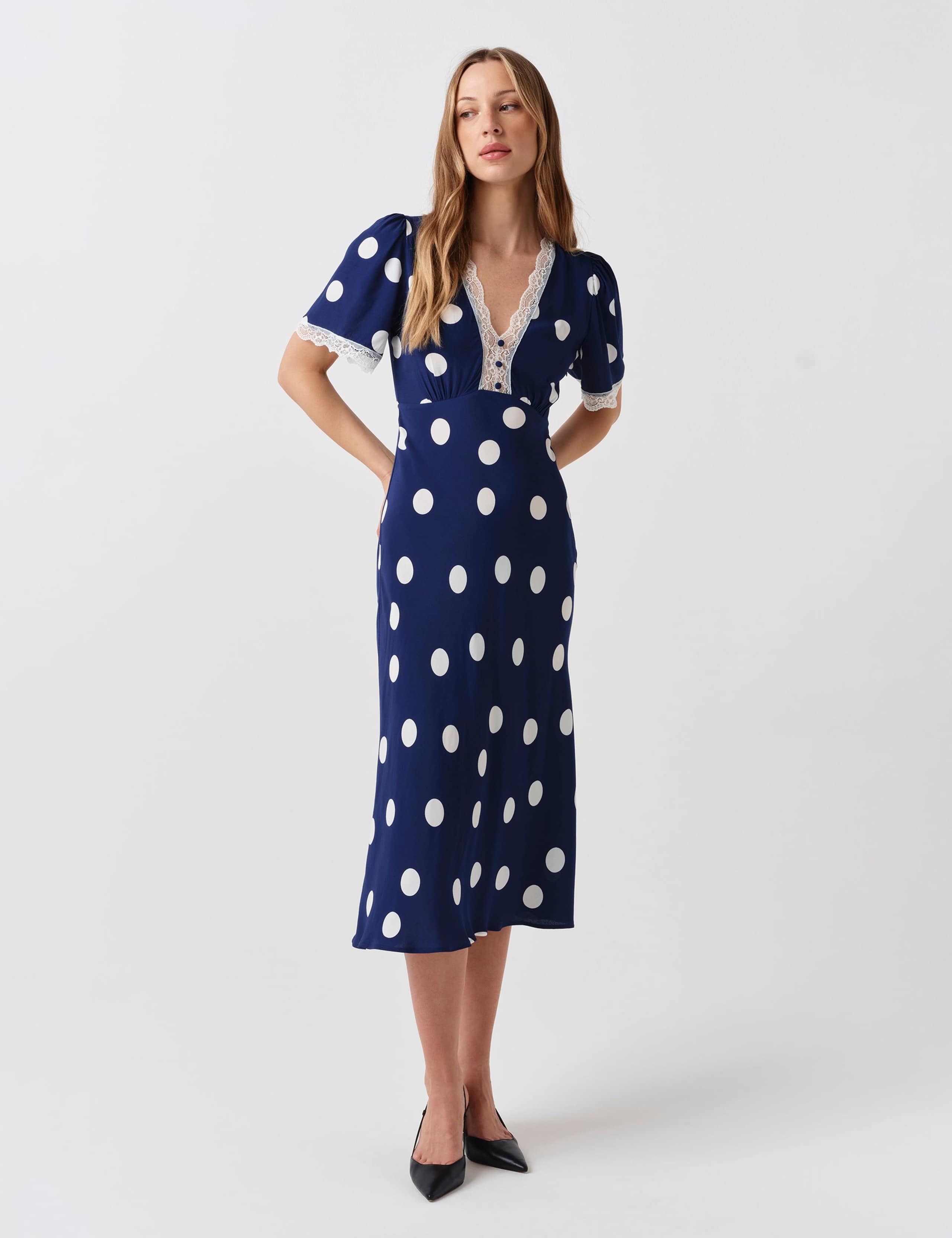 Crepe Spot Lace V-Neck Midi Tea Dress 4 of 6