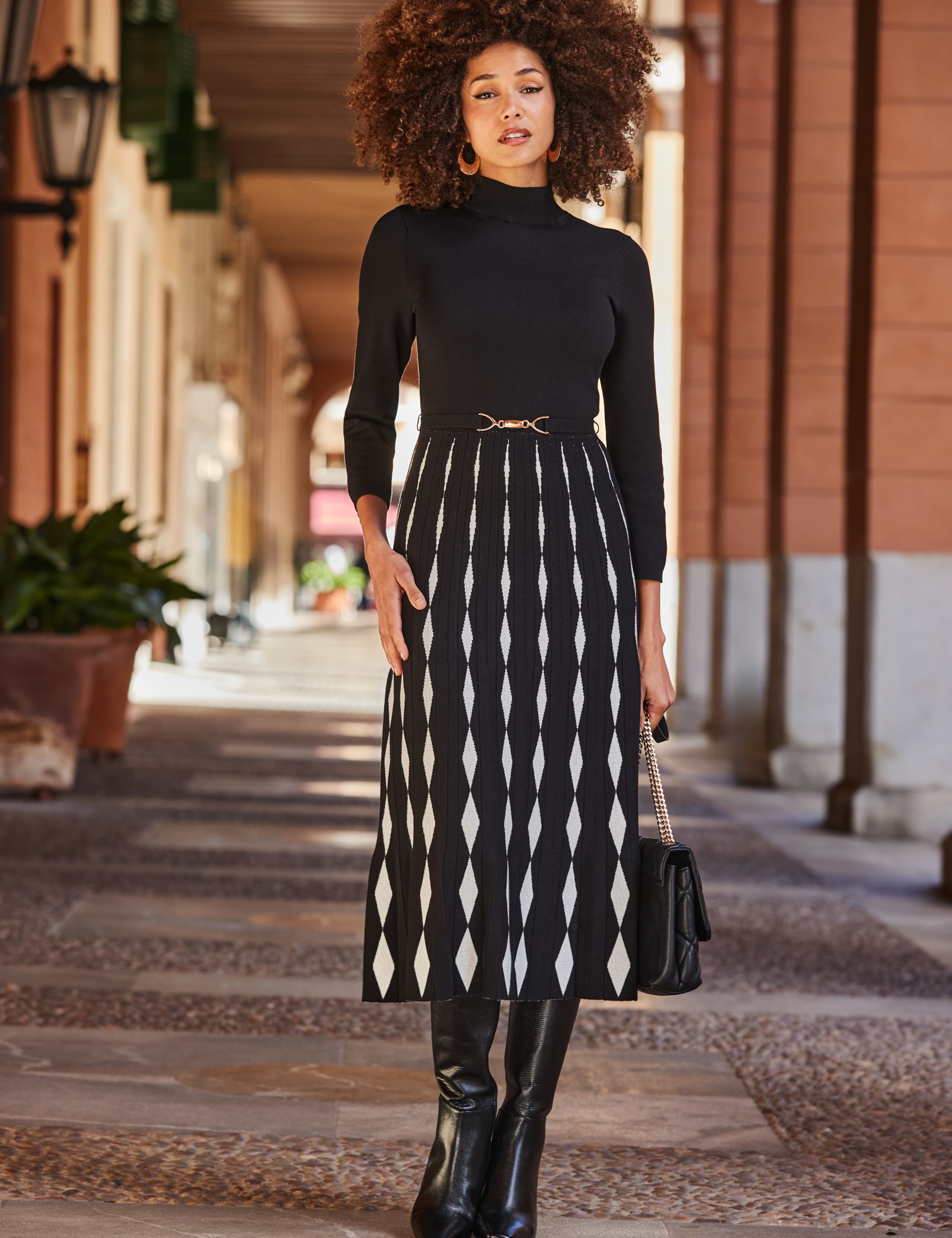 Knitted Funnel Neck Belted Midi Skater Dress 5 of 6