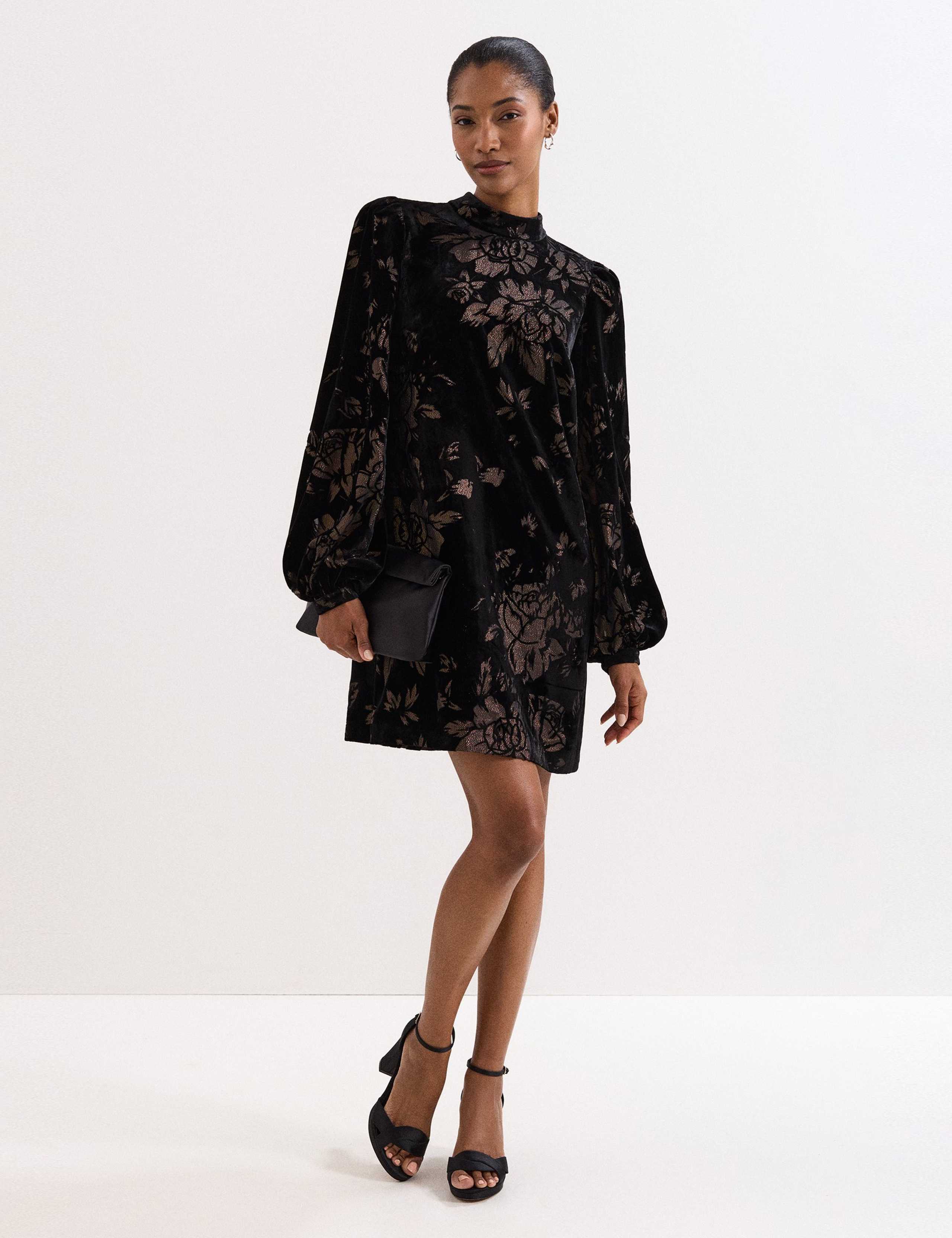 Velvet Floral Jacquard High Neck Shift Dress 3 of 8