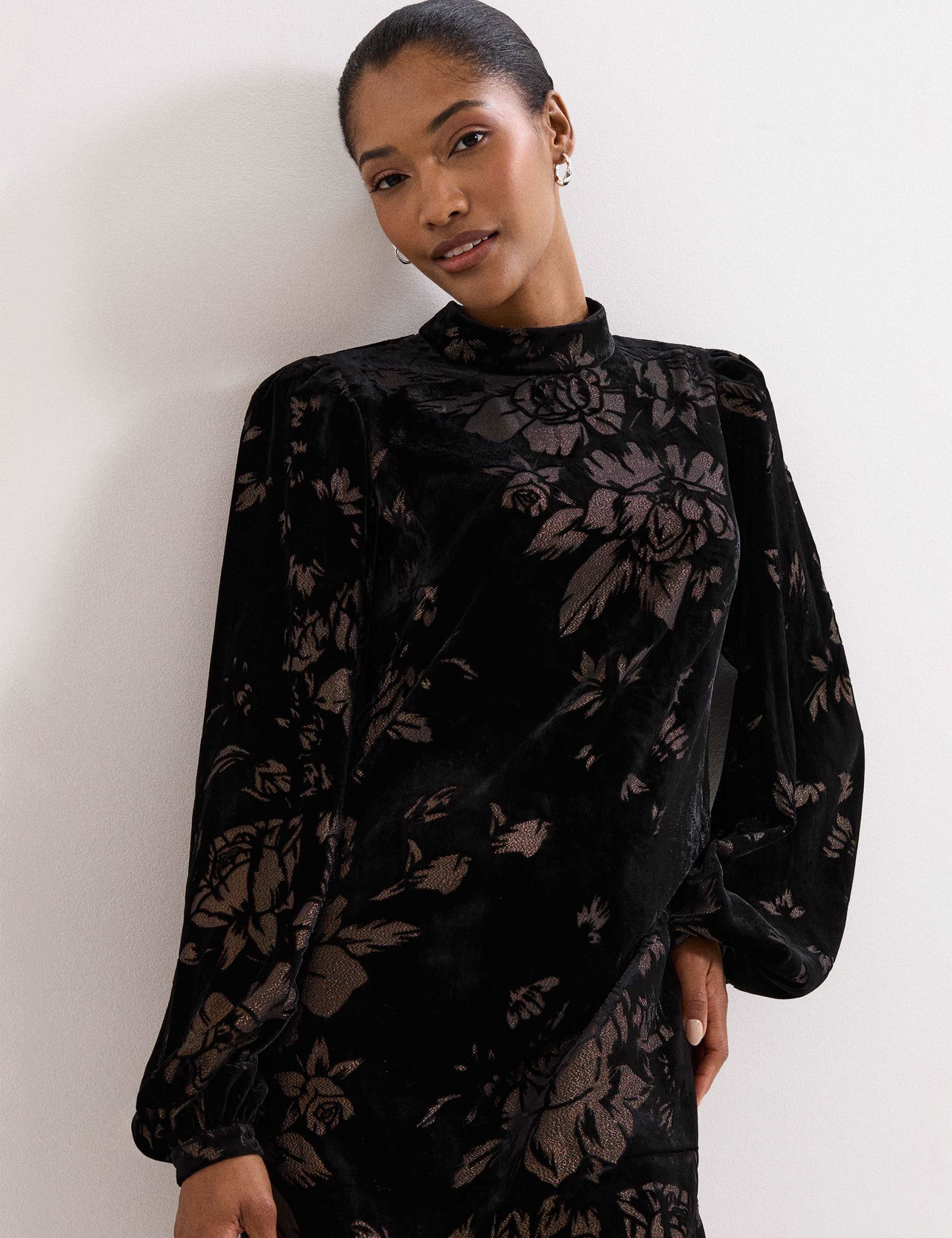 Velvet Floral Jacquard High Neck Shift Dress 5 of 8