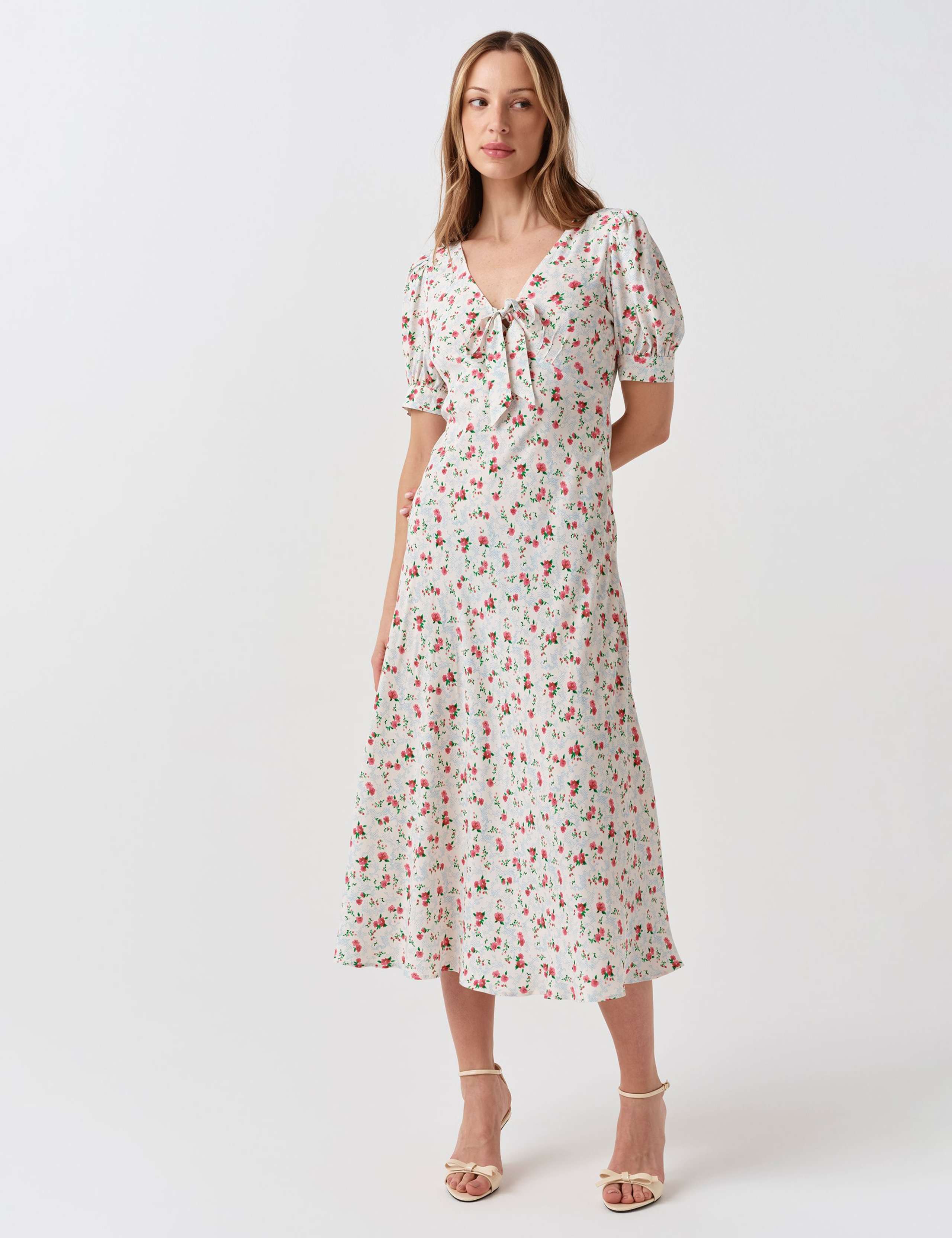 Crepe Floral V-Neck Midi Tea Dress 1 of 6