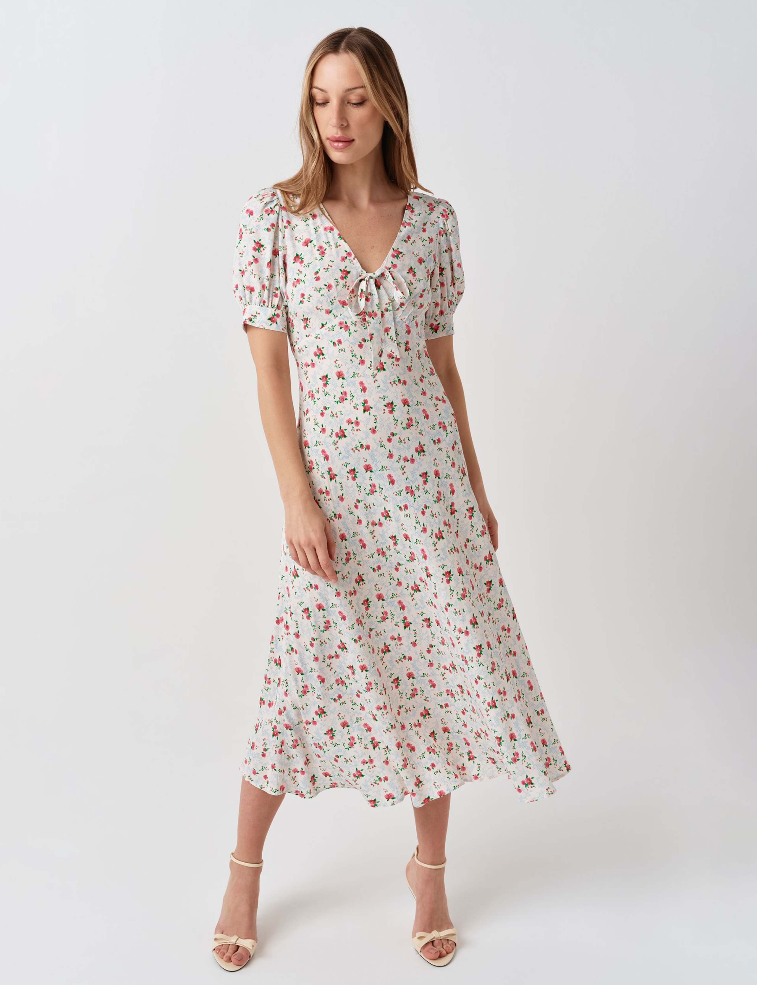 Crepe Floral V-Neck Midi Tea Dress 2 of 6