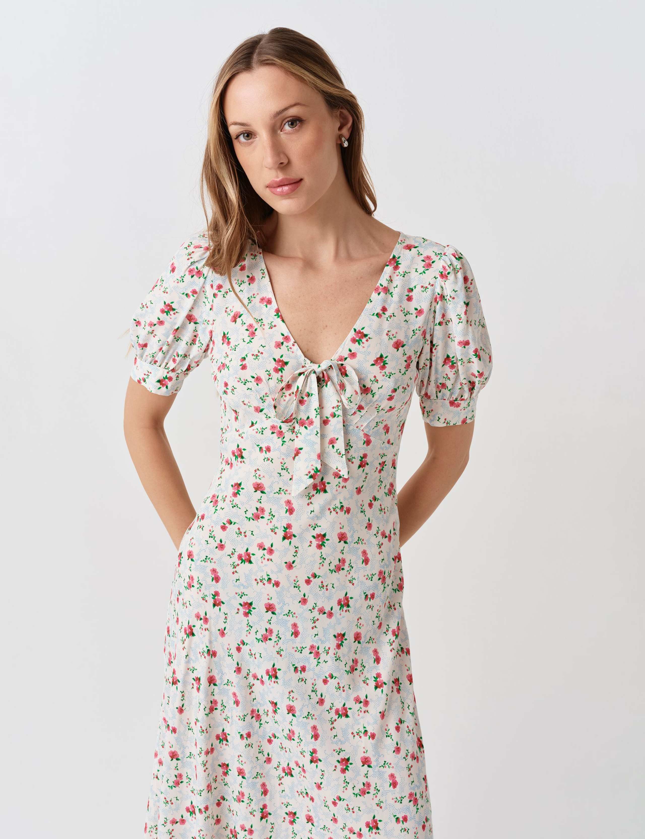 Crepe Floral V-Neck Midi Tea Dress 5 of 6